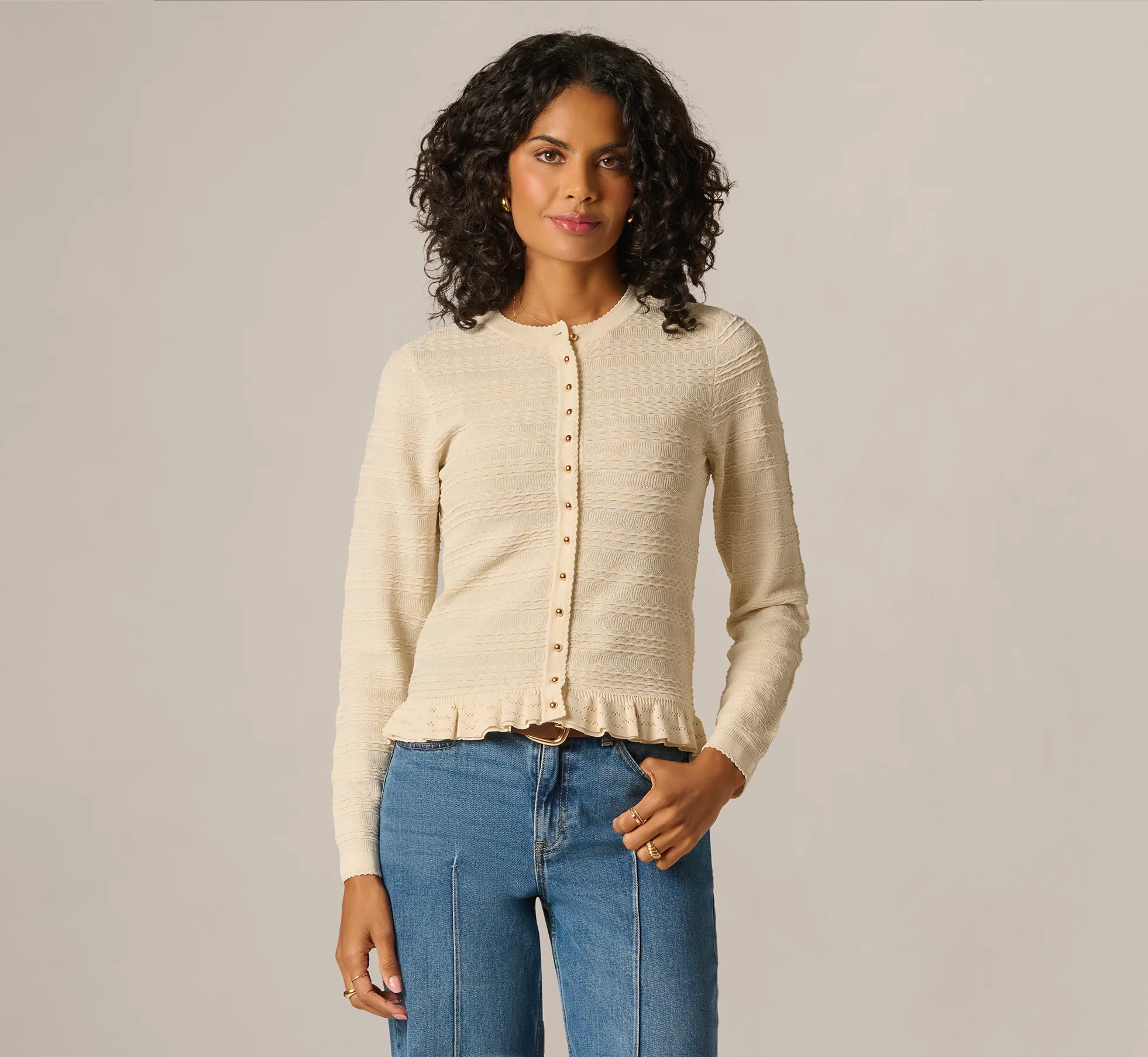 Ruffle Hem Cable Knit Cardigan Sweater In Cream - Image 3
