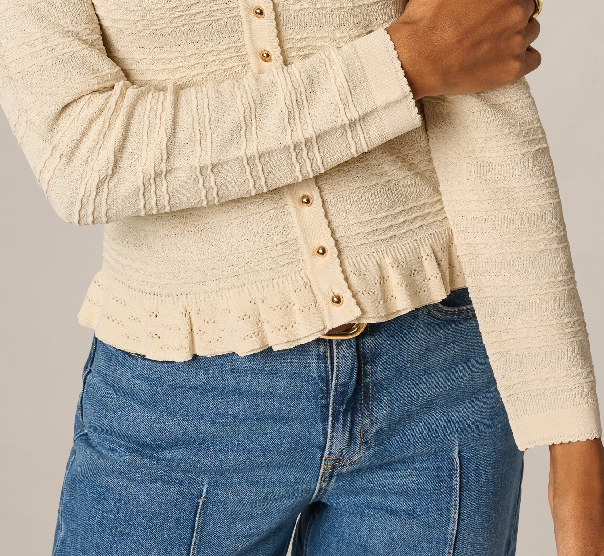 Ruffle Hem Cable Knit Cardigan Sweater In Cream - Image 5