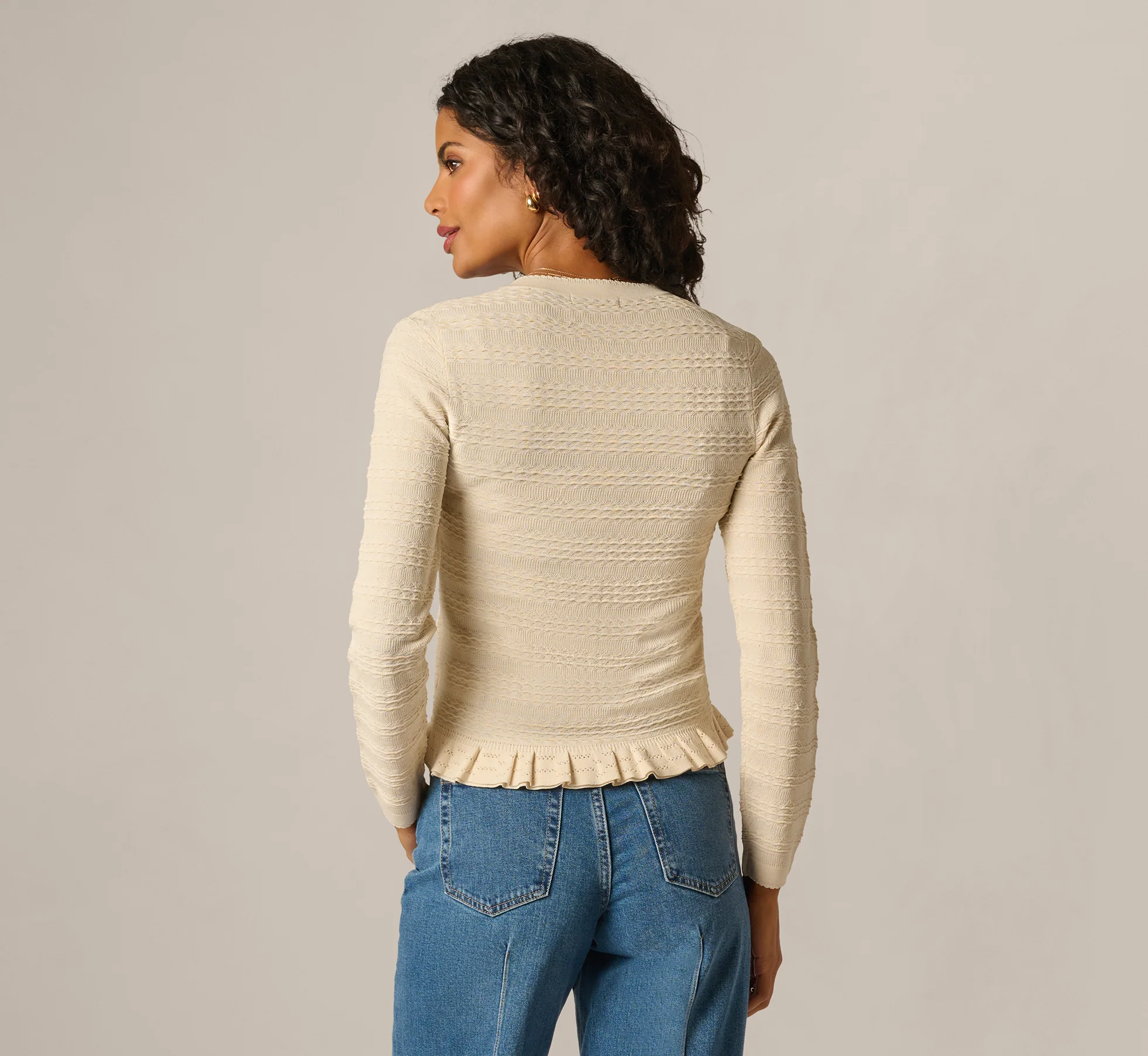 Ruffle Hem Cable Knit Cardigan Sweater In Cream - Image 6