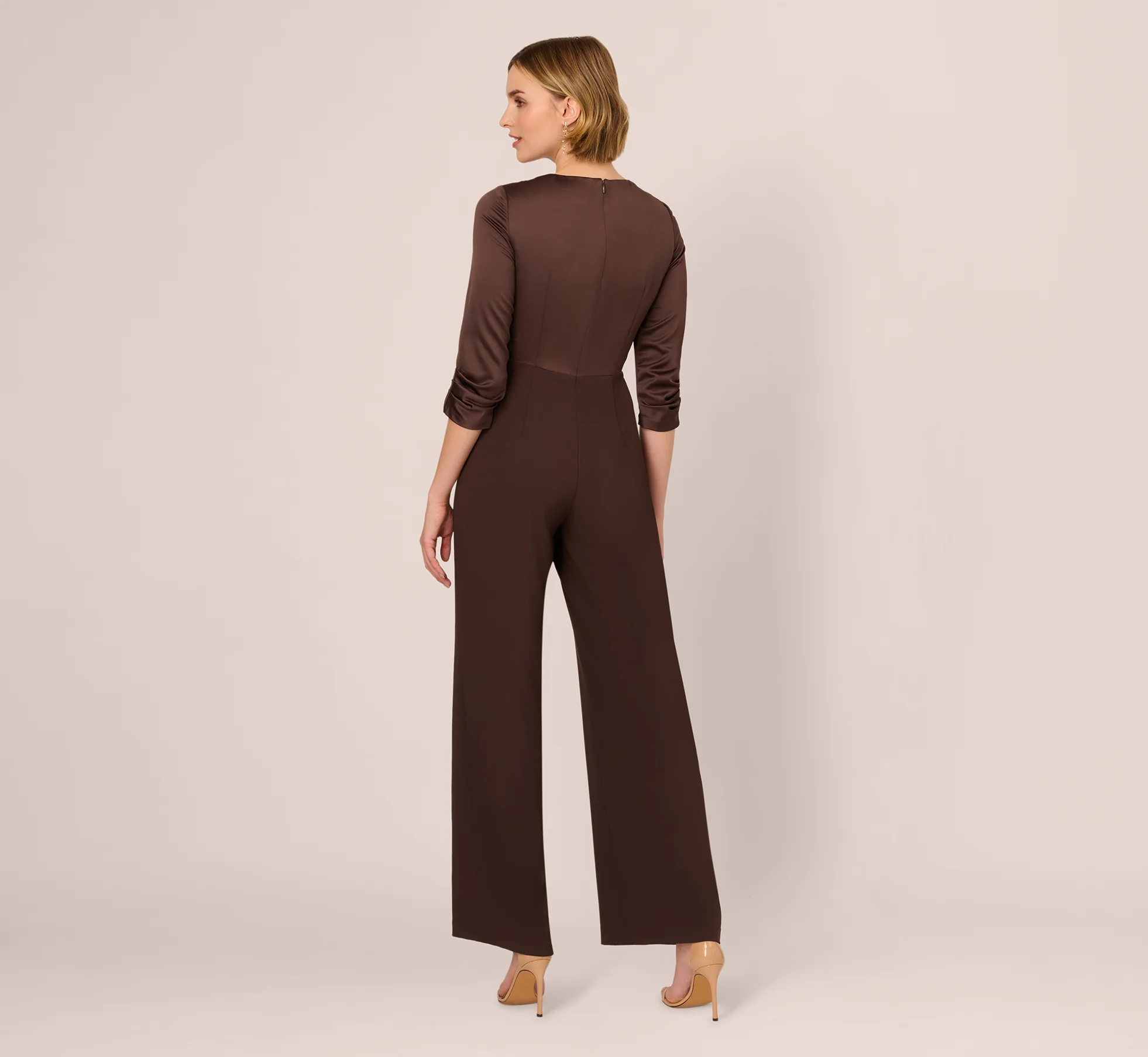 Satin Crepe Three Quarter Sleeve Jumpsuit With Buckle Waist In Dark Brown - Image 5