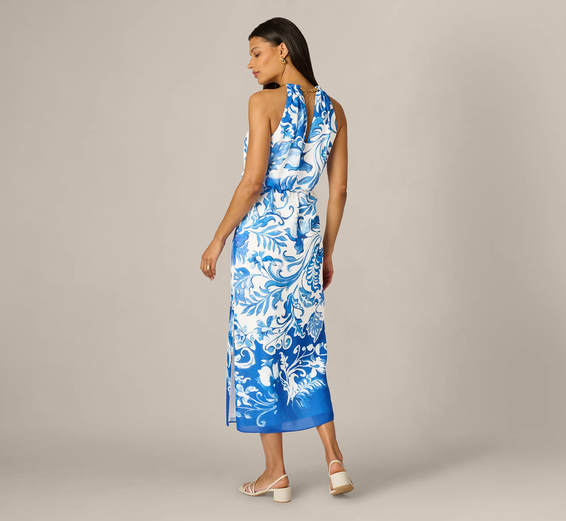 Scroll Print Chain Halter Midi In Ivory Blue - Image 5