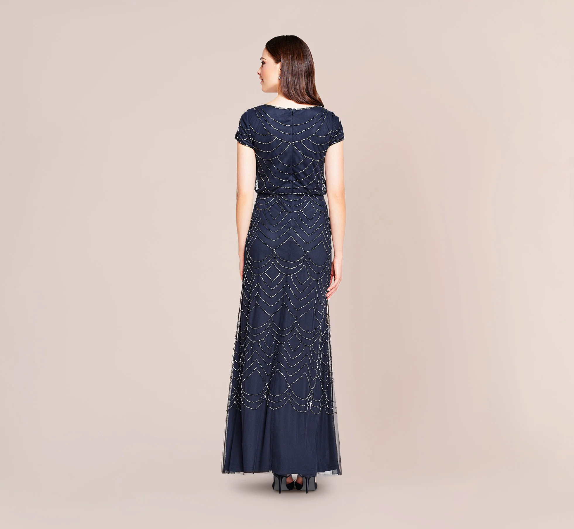 Short Sleeve Beaded Blouson Gown In Navy - Image 2
