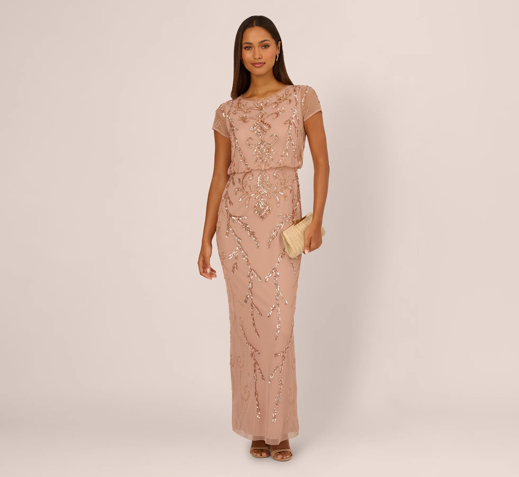 Short Sleeve Beaded Blouson Gown In Rose Gold