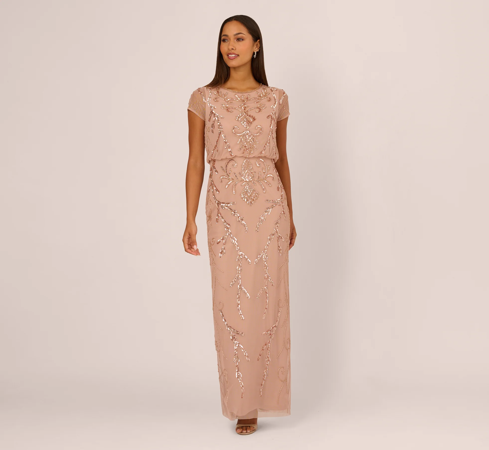 Short Sleeve Beaded Blouson Gown In Rose Gold - Image 2