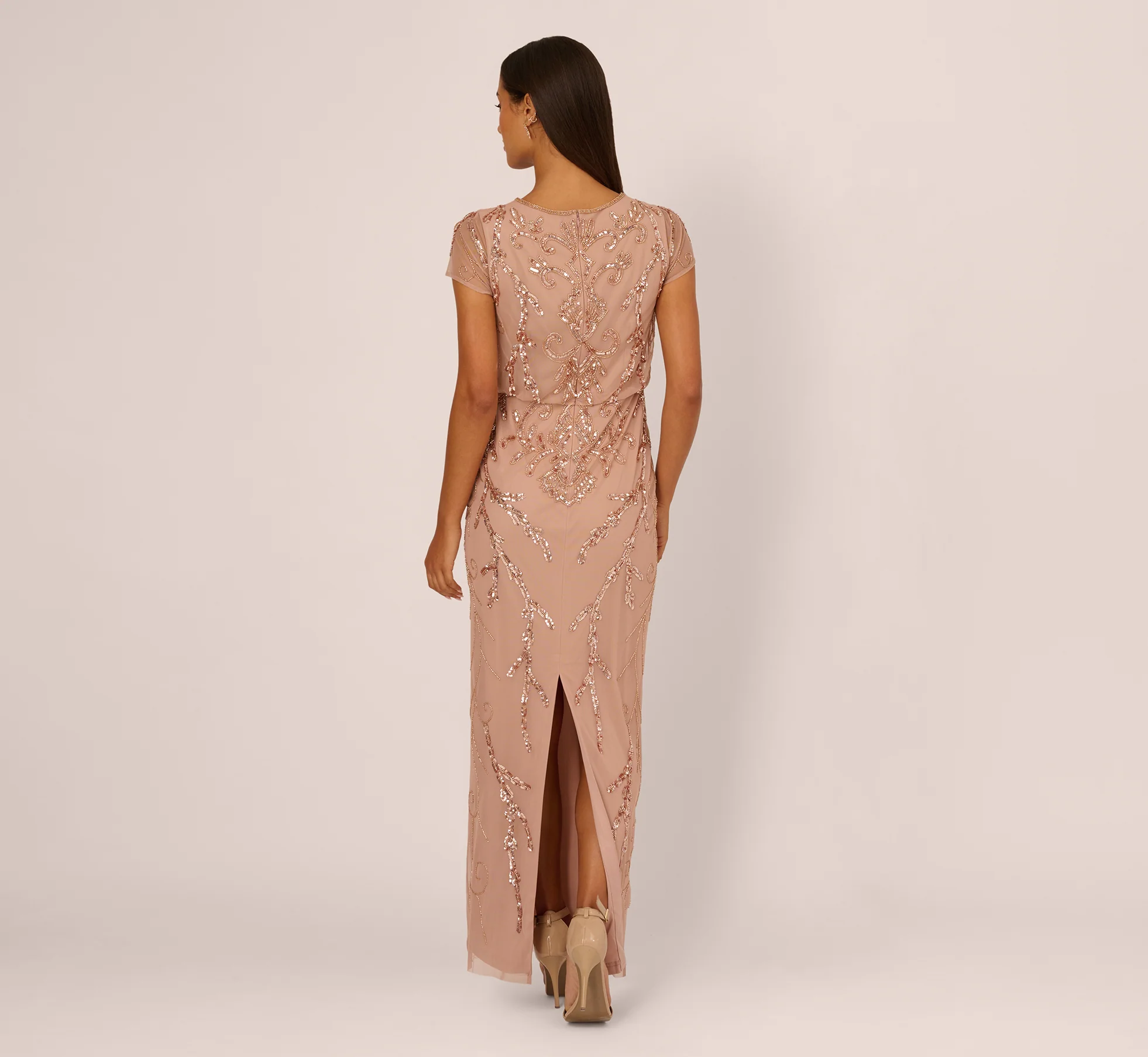 Short Sleeve Beaded Blouson Gown In Rose Gold - Image 5