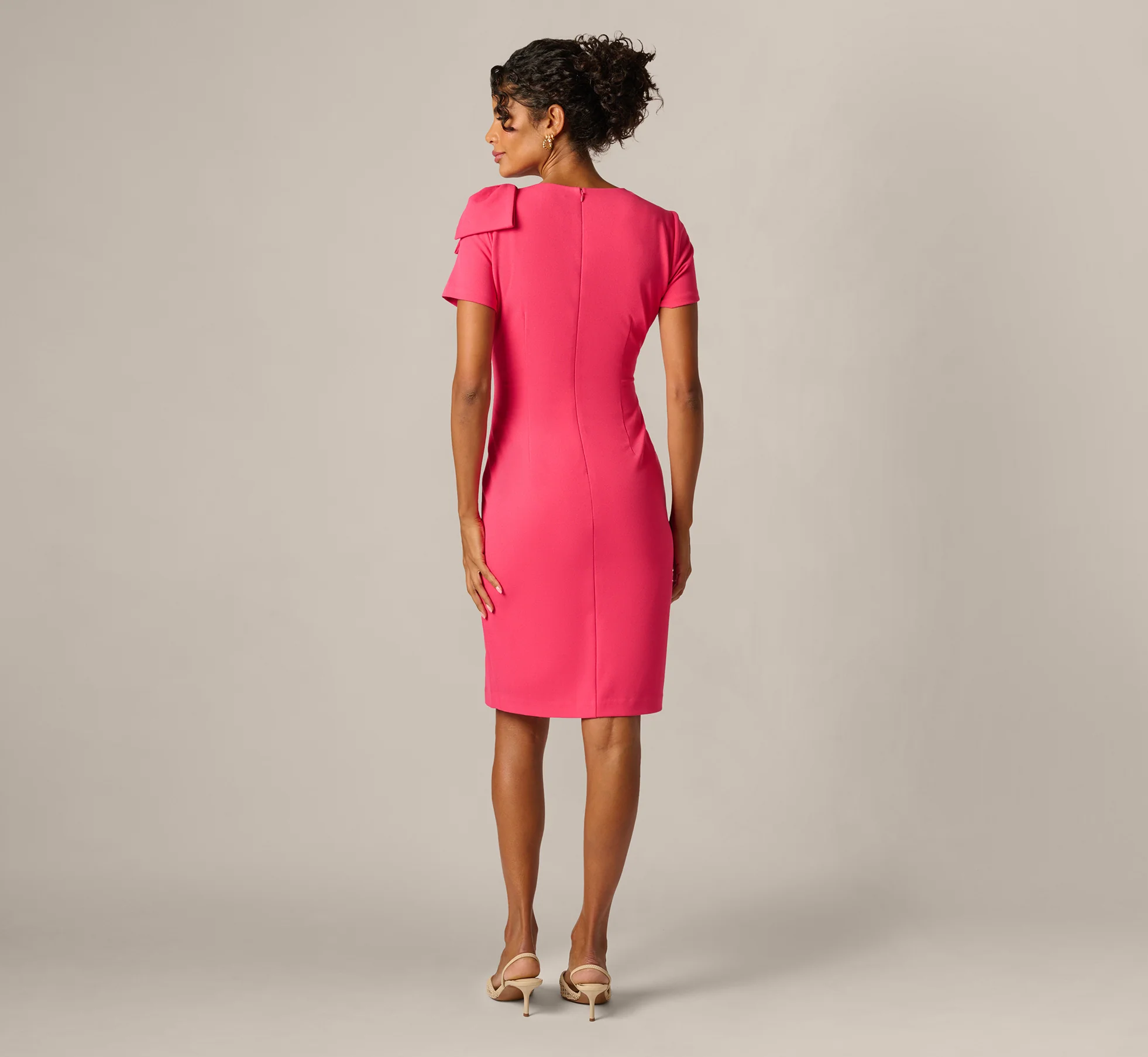 Short Sleeve Bow Shoulder Sheath Dress In Camellia - Image 5