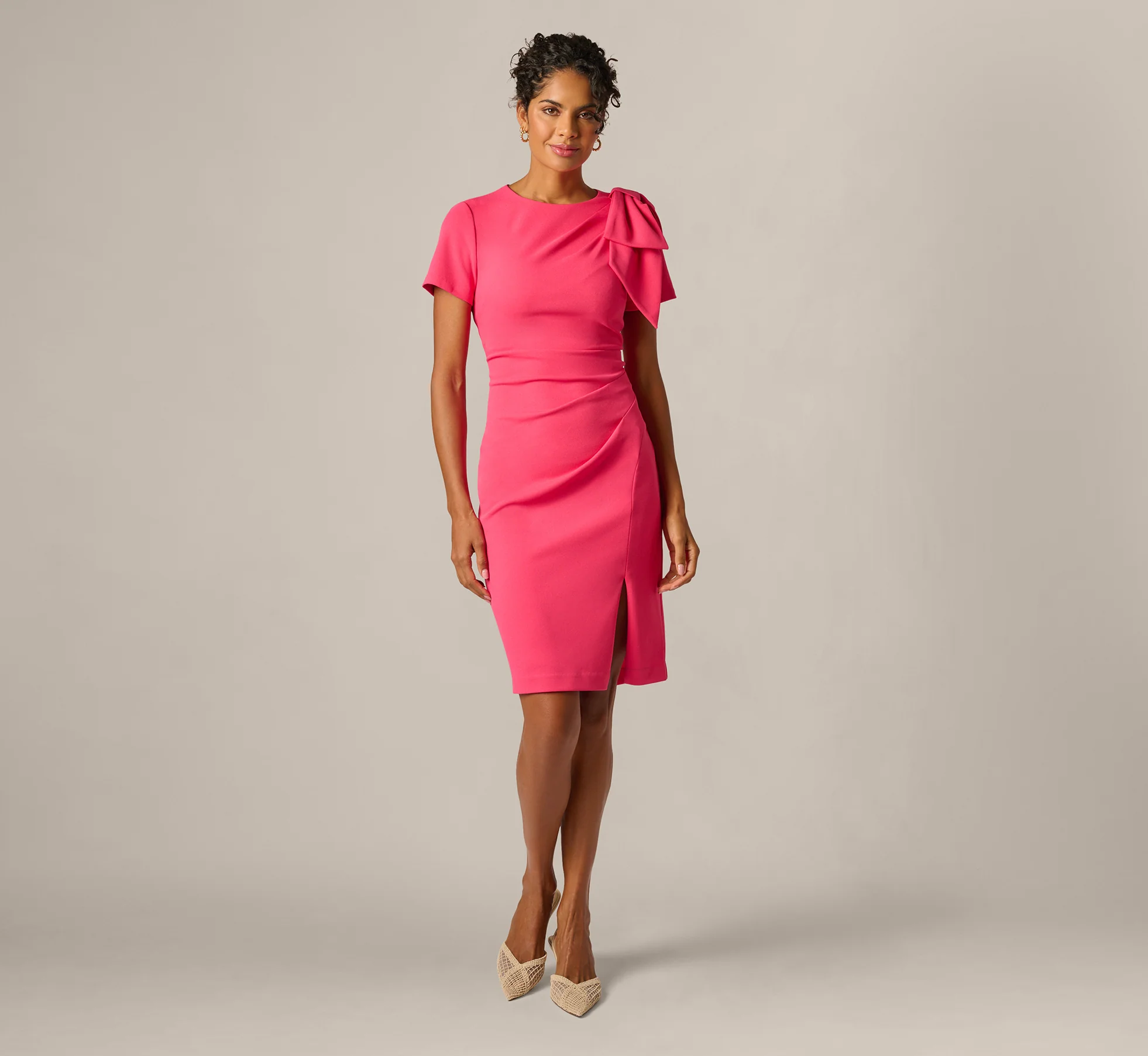 Short Sleeve Bow Shoulder Sheath Dress In Camellia - Image 7
