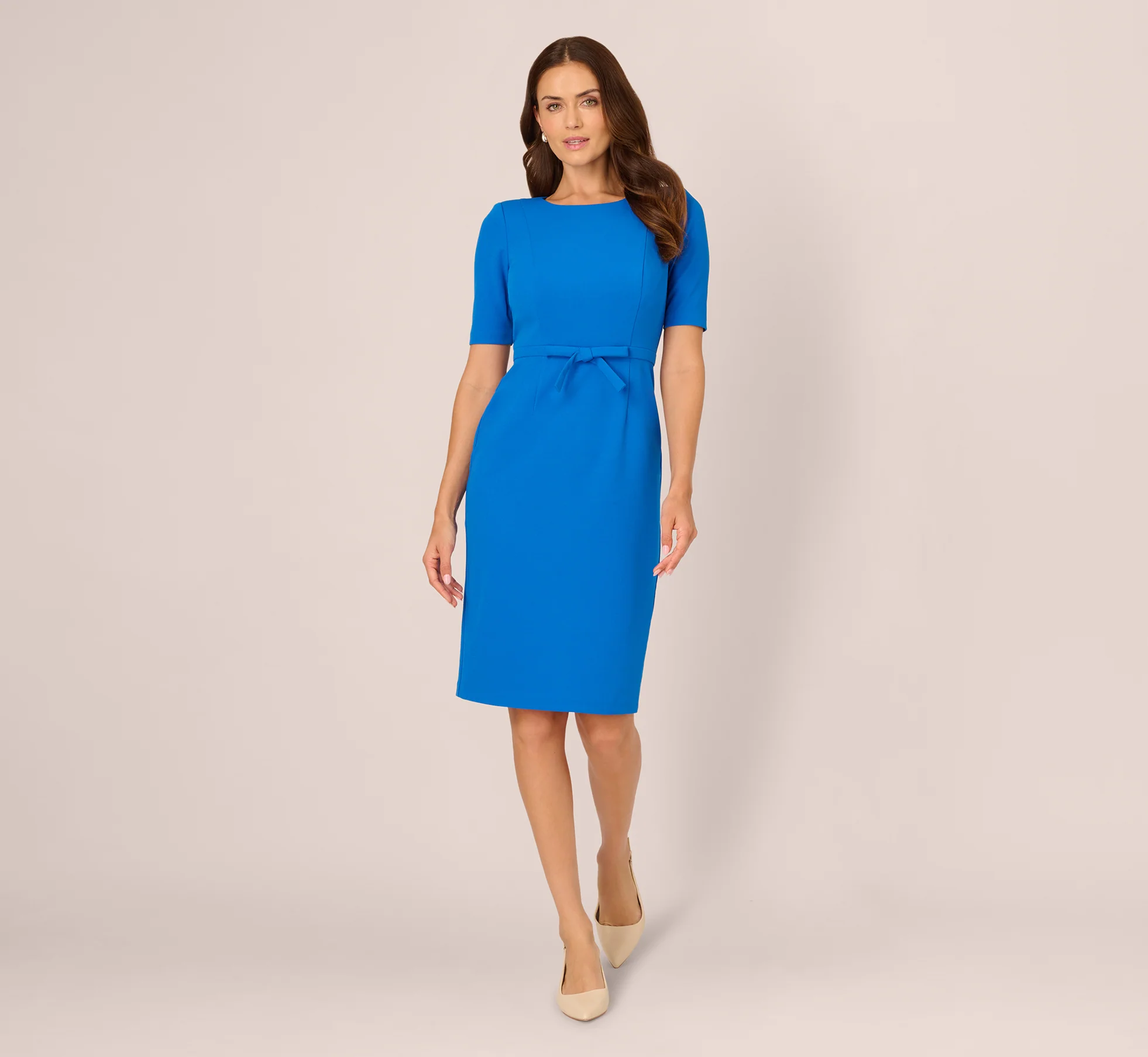 Short Sleeve Bow Waist Sheath Dress In Cool Cobalt - Image 7
