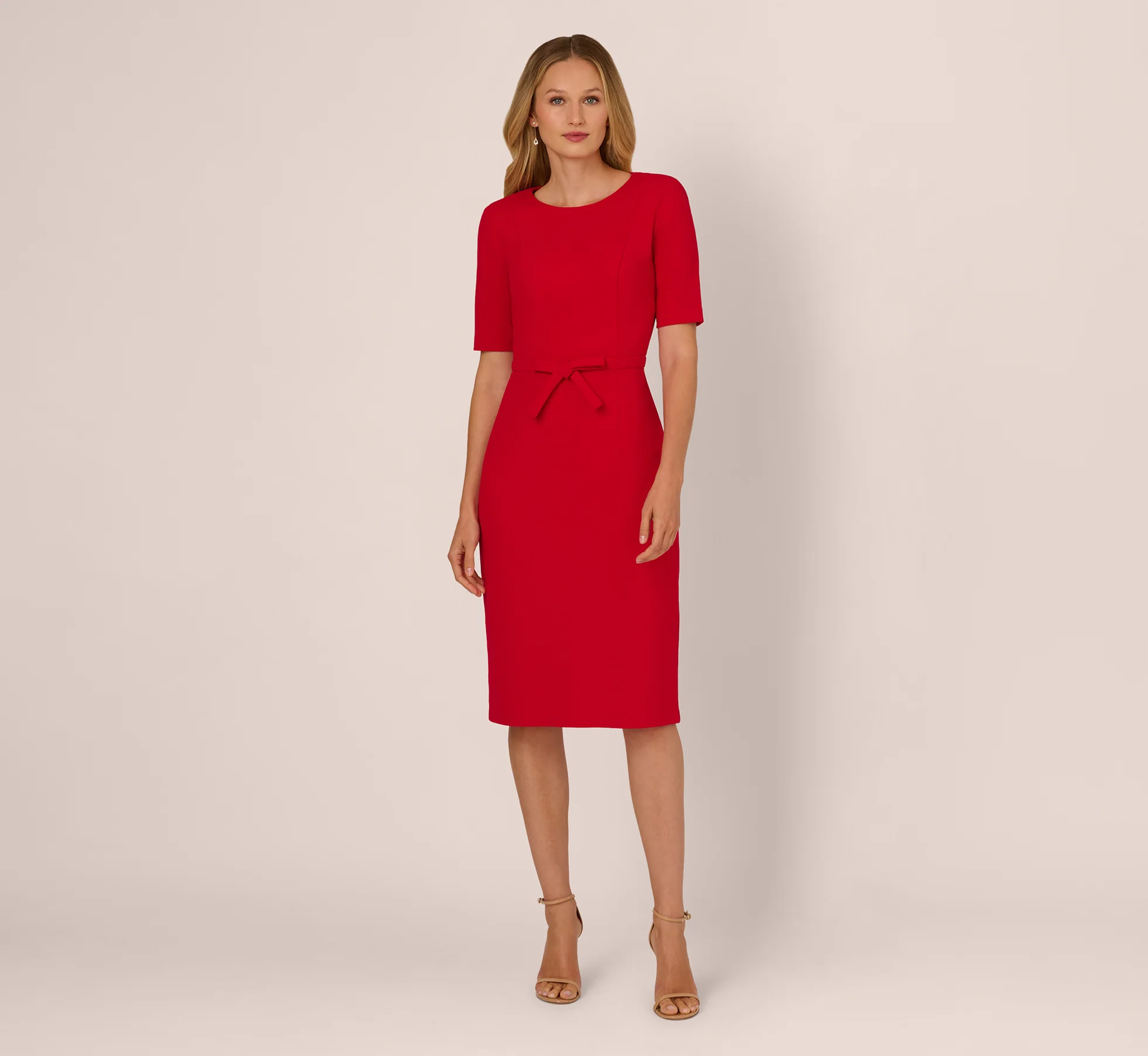 Short Sleeve Bow Waist Sheath Dress In Red - Image 7