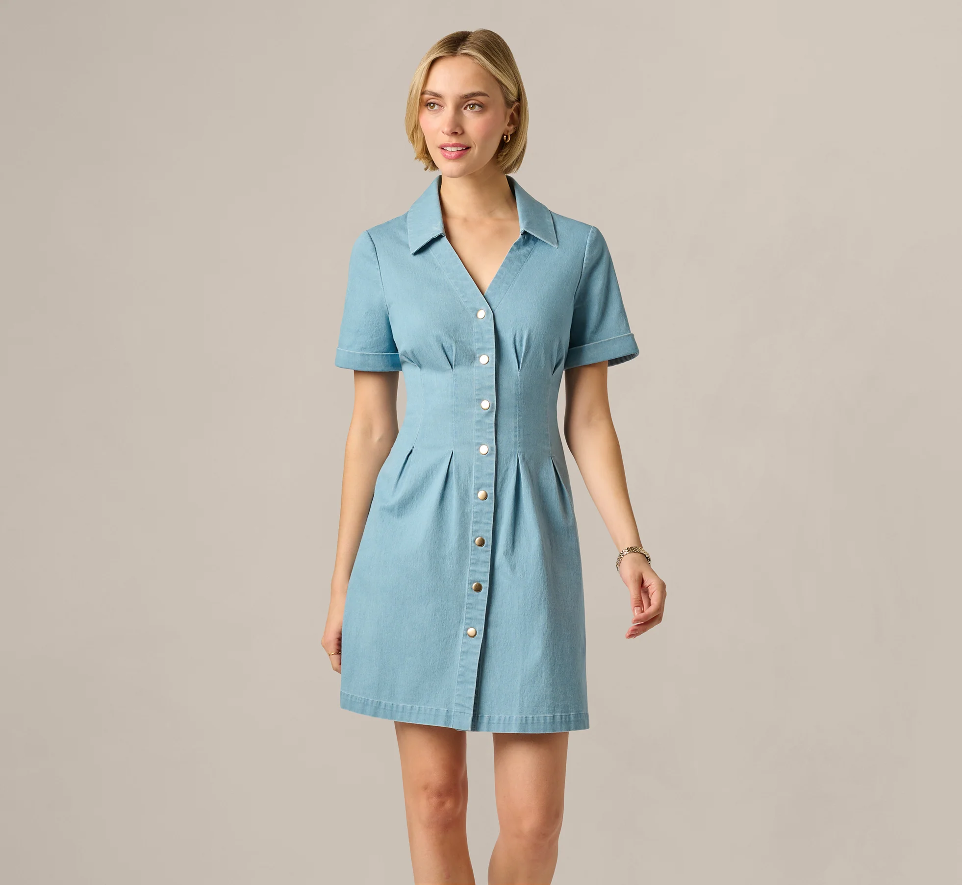 Short Sleeve Cotton Chambray Emma Dress In Chambray Blue - Image 3
