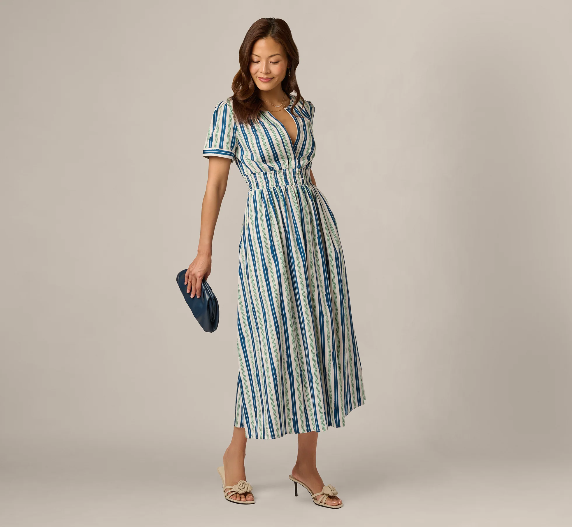 Short Sleeve Cotton Sophia Midi Dress In Ecru Navy - Image 2
