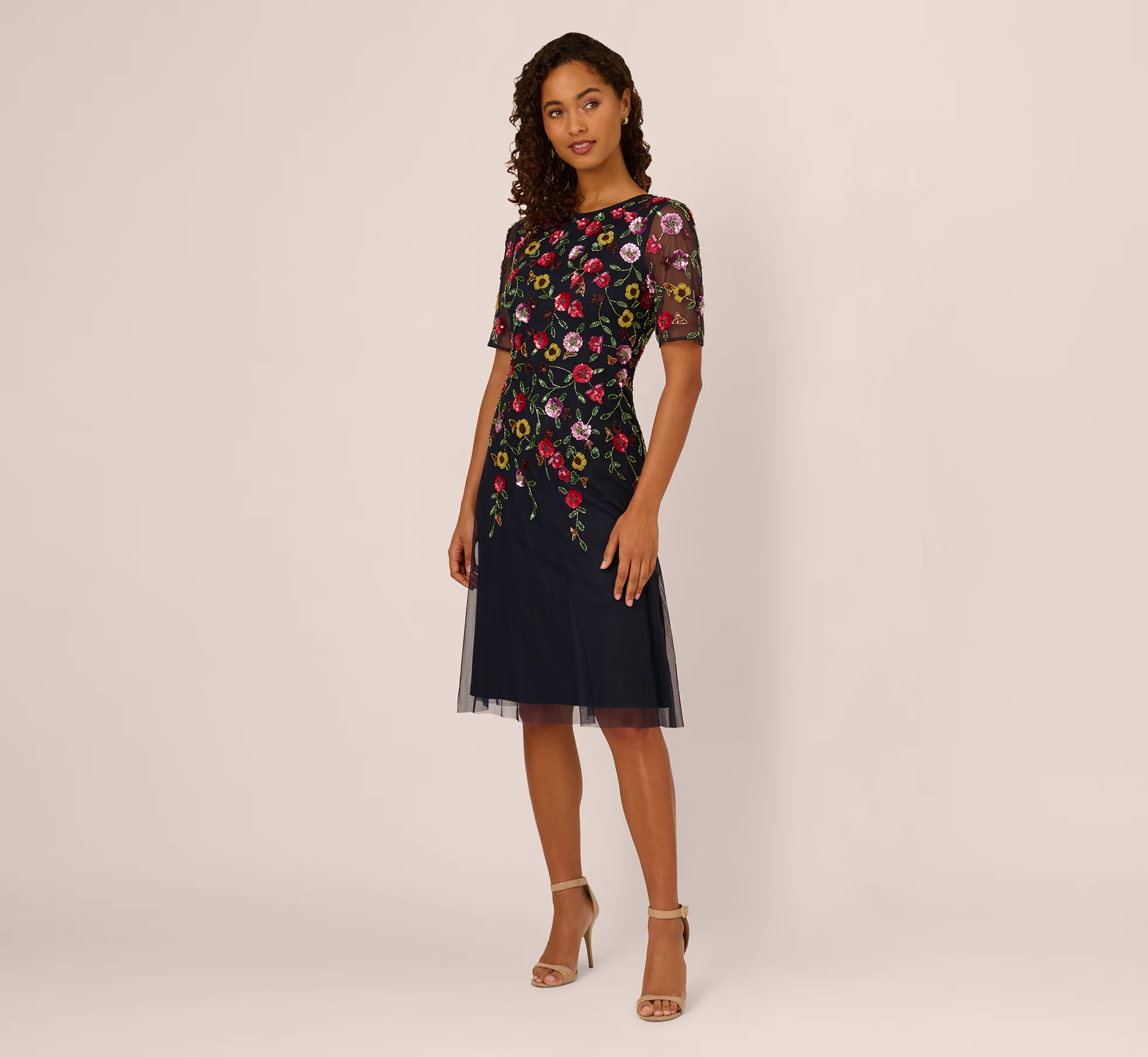 Short Sleeve Floral Beaded Midi Dress In Navy Multi - Image 2