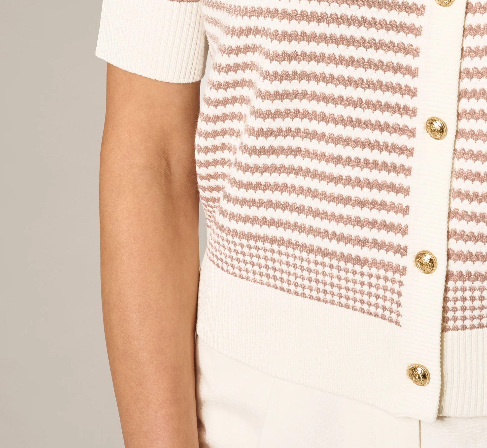 Short Sleeve Metallic Button Cardigan Sweater In Ivory Sand Dune - Image 5