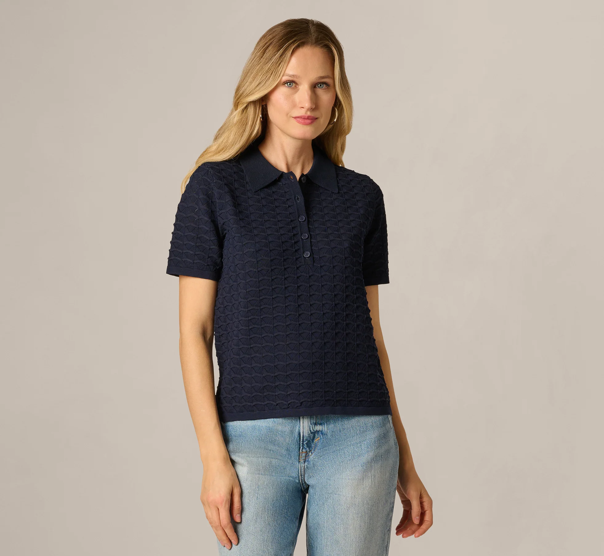 Short Sleeve Open Pointelle Polo Top In Blue Moon - Image 3