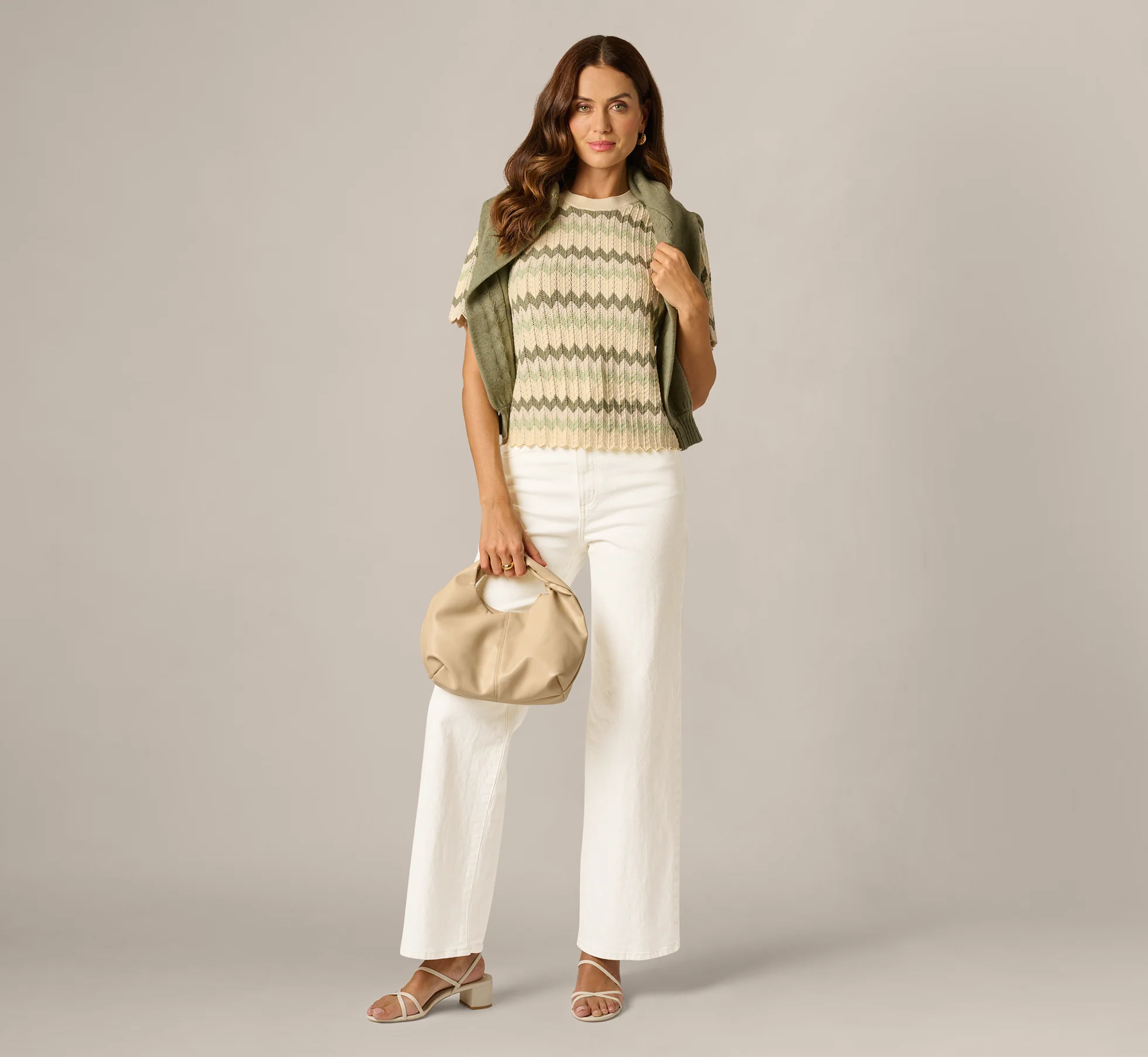 Short Sleeve Open Pointelle Scalloped Sweater In Dusty Sage Green Chevron - Image 2