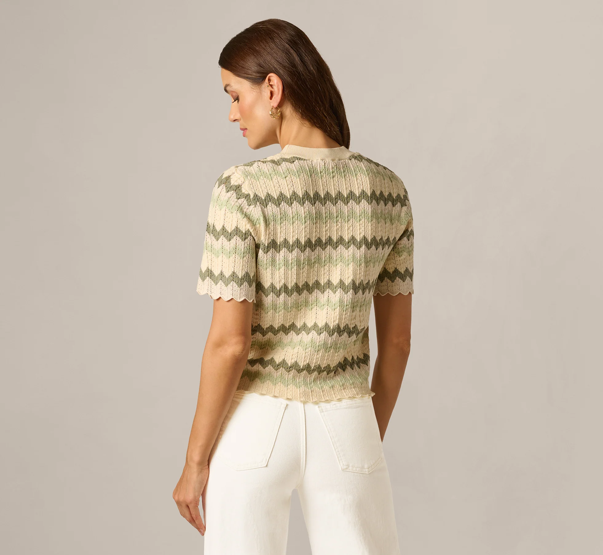 Short Sleeve Open Pointelle Scalloped Sweater In Dusty Sage Green Chevron - Image 6