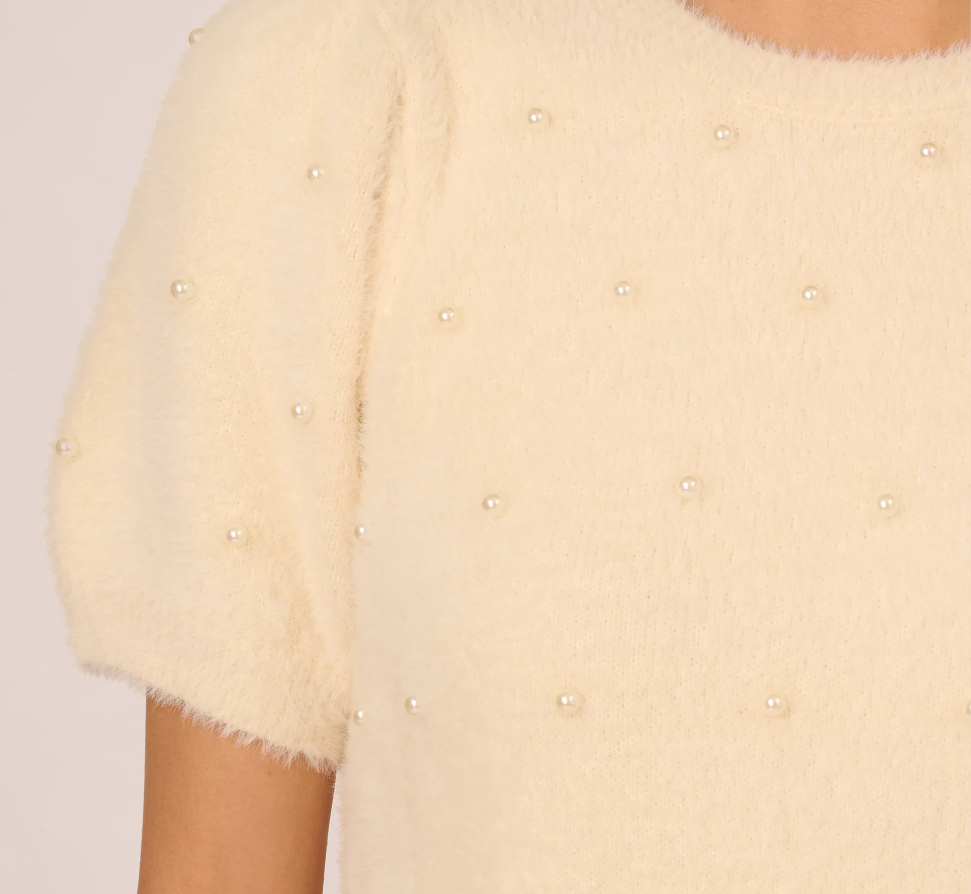 Short Sleeve Pearly Fuzzy Sweater In Cream - Image 5