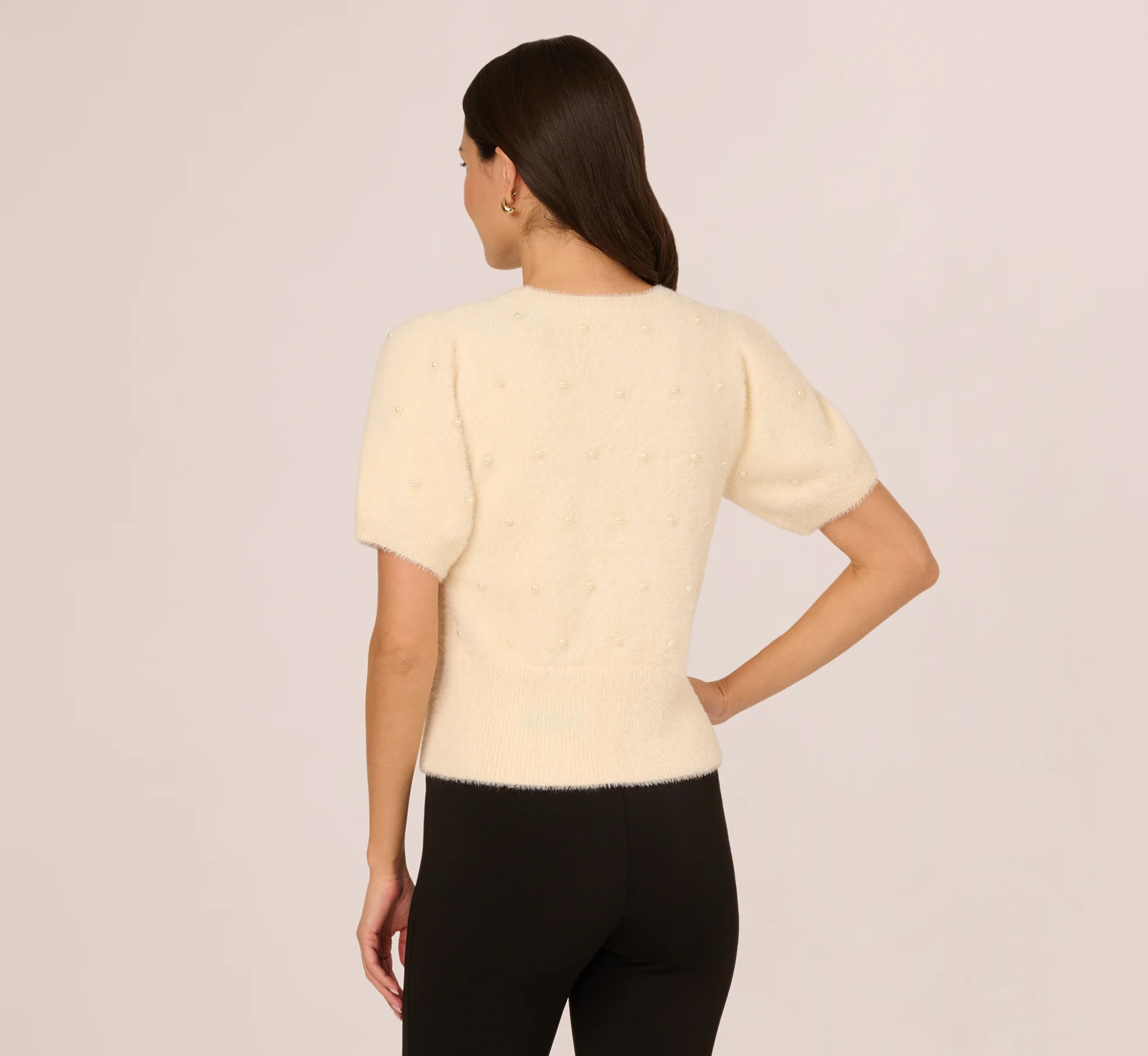 Short Sleeve Pearly Fuzzy Sweater In Cream - Image 6