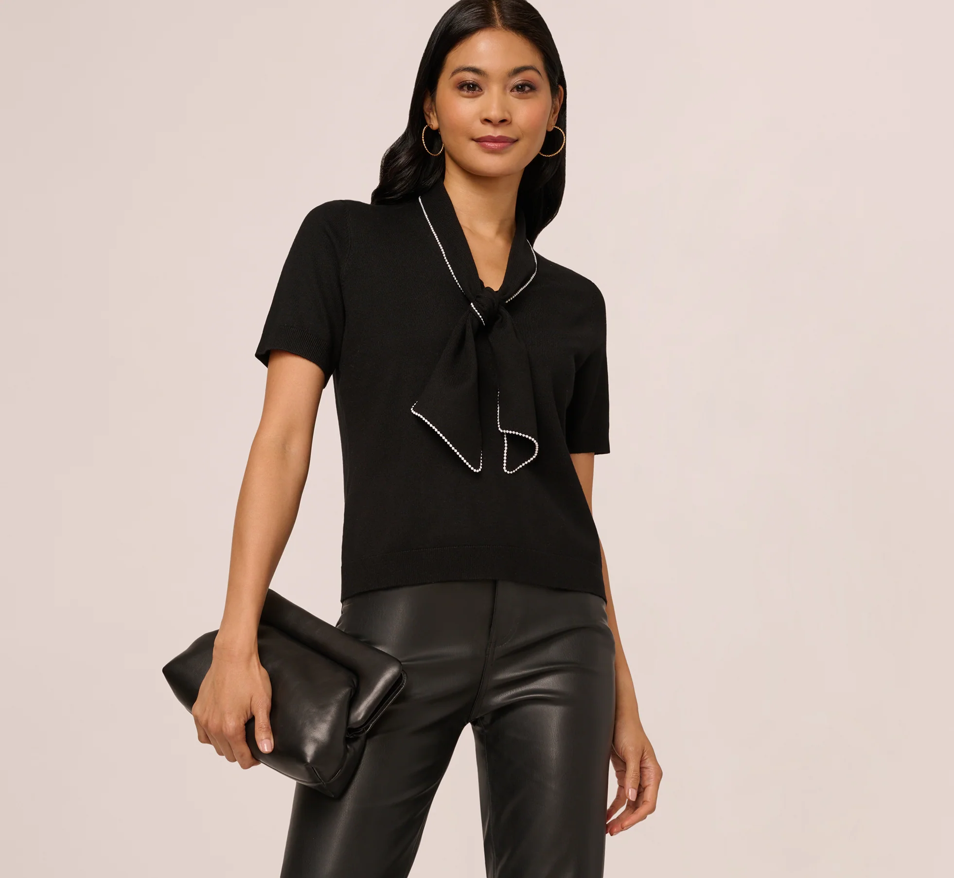 Short Sleeve Pearly Tie Neck Knit Top In Black - Image 2