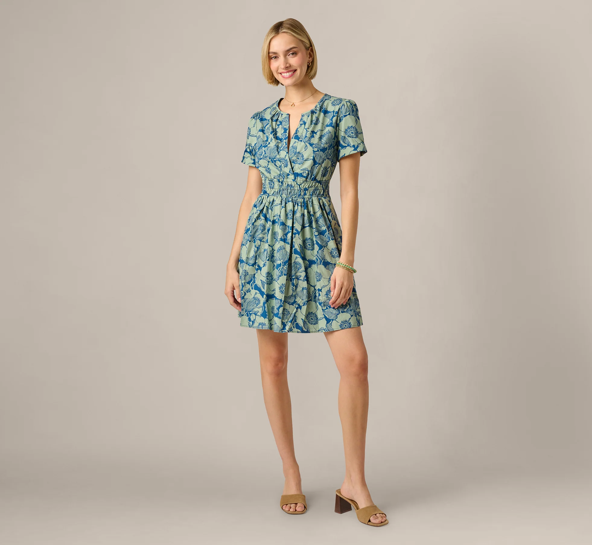 Short Sleeve Printed Cotton Sophia Dress In Navy Sage - Image 7