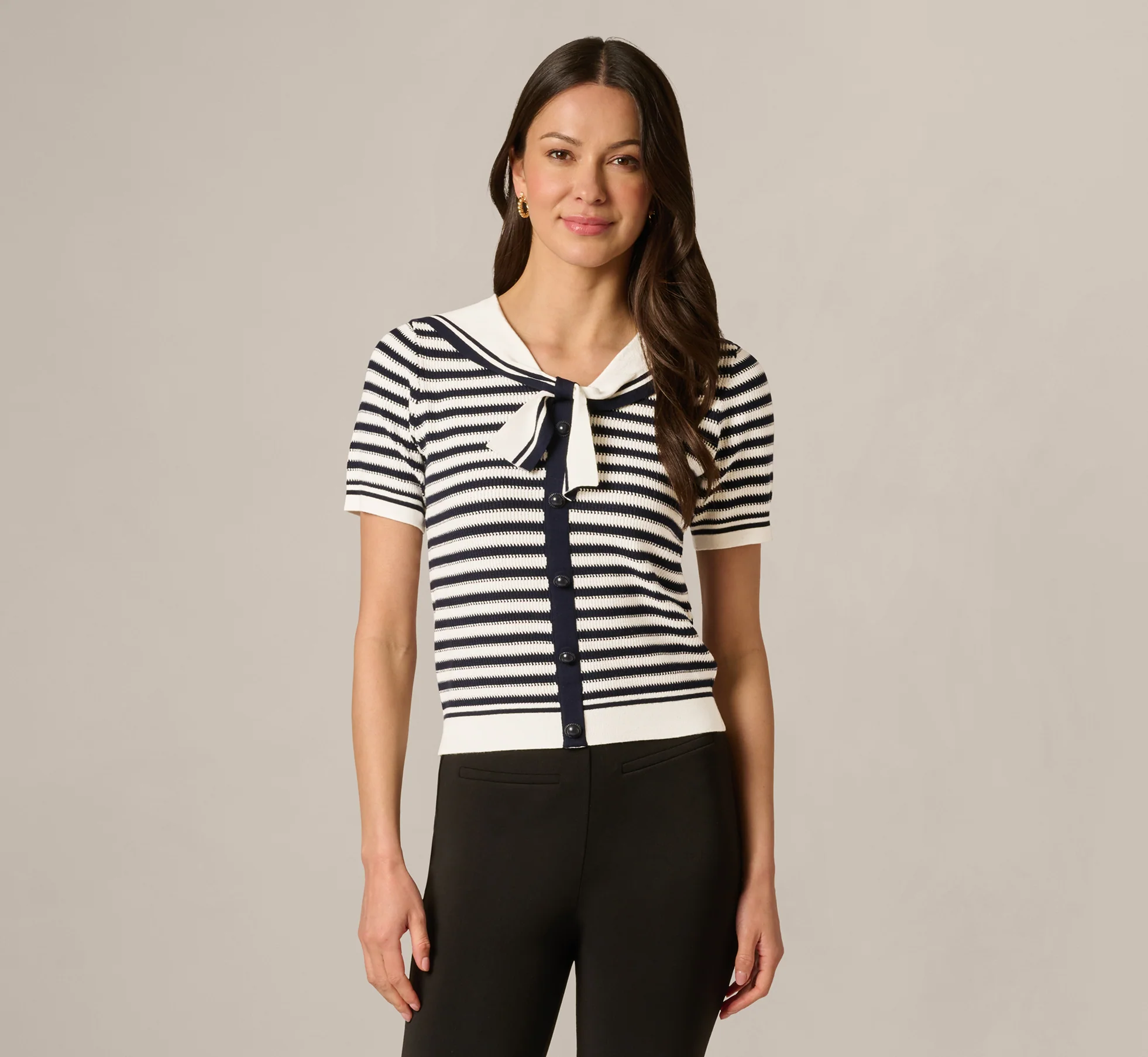 Short Sleeve Sailor Collar Pullover Sweater In Ivory Navy - Image 3