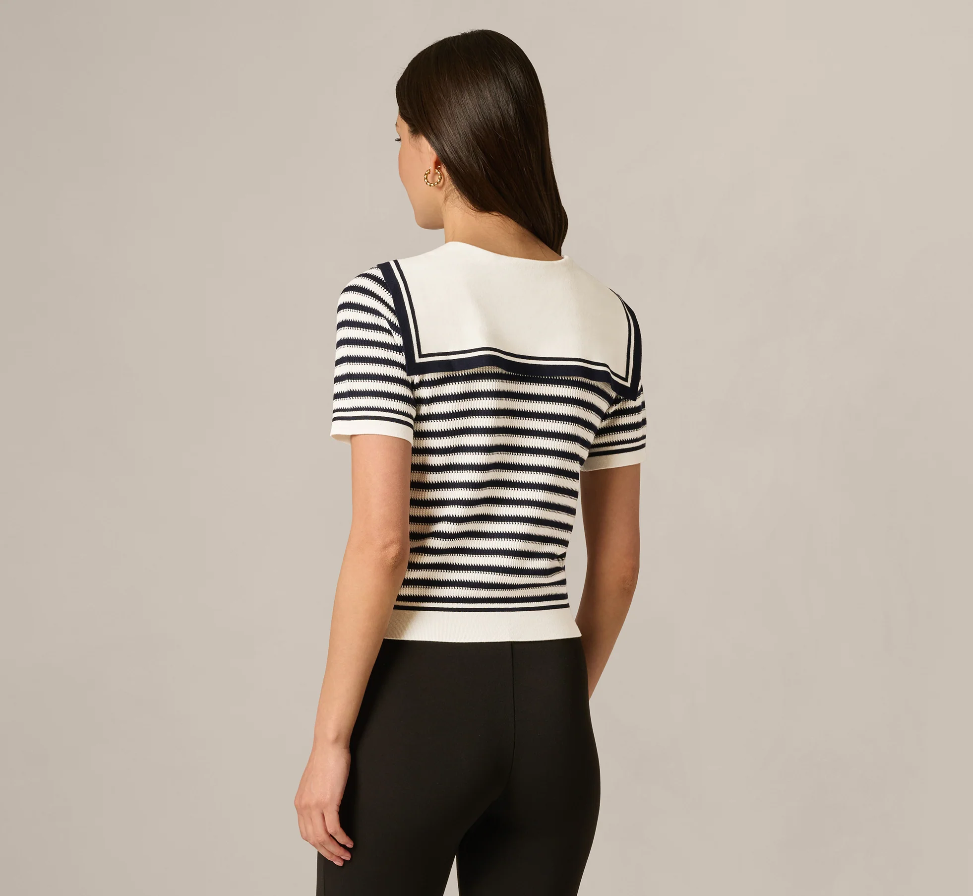 Short Sleeve Sailor Collar Pullover Sweater In Ivory Navy - Image 6