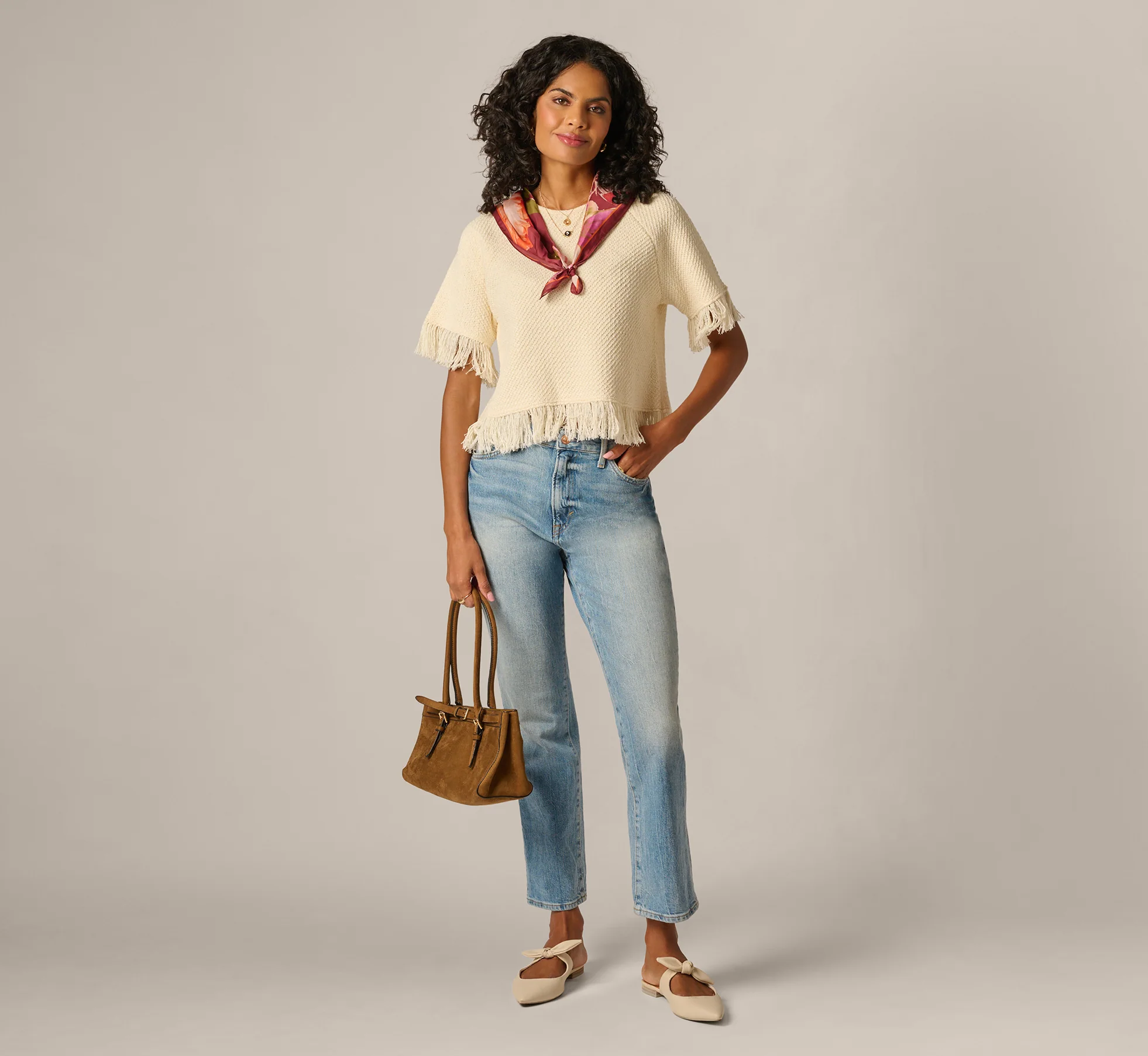 Short Sleeve Textured Knit Raglan Fringe Sweater In Cream - Image 2
