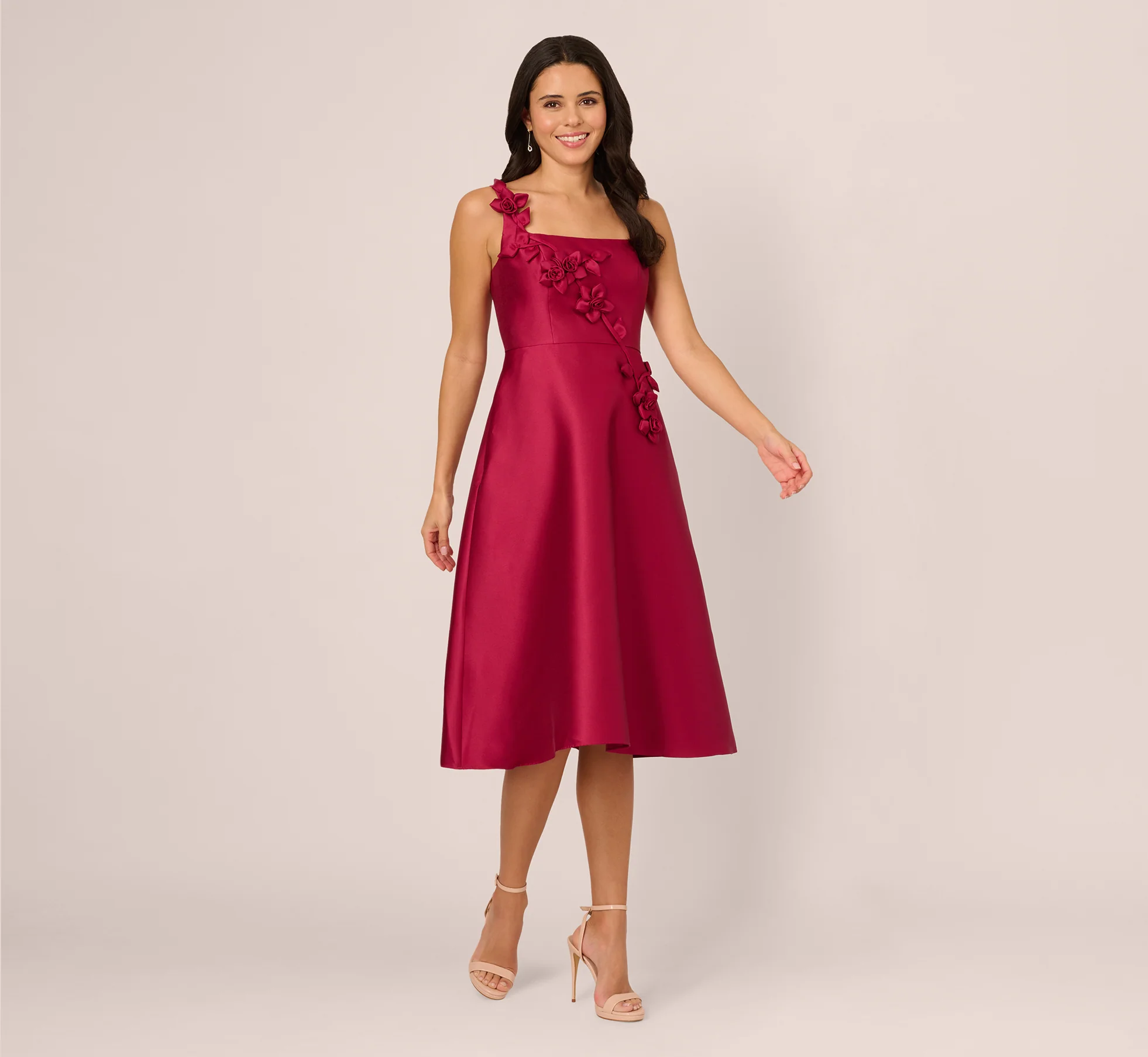 Sleeveless 3D Flower Mikado Midi Dress In Red Plum - Image 2