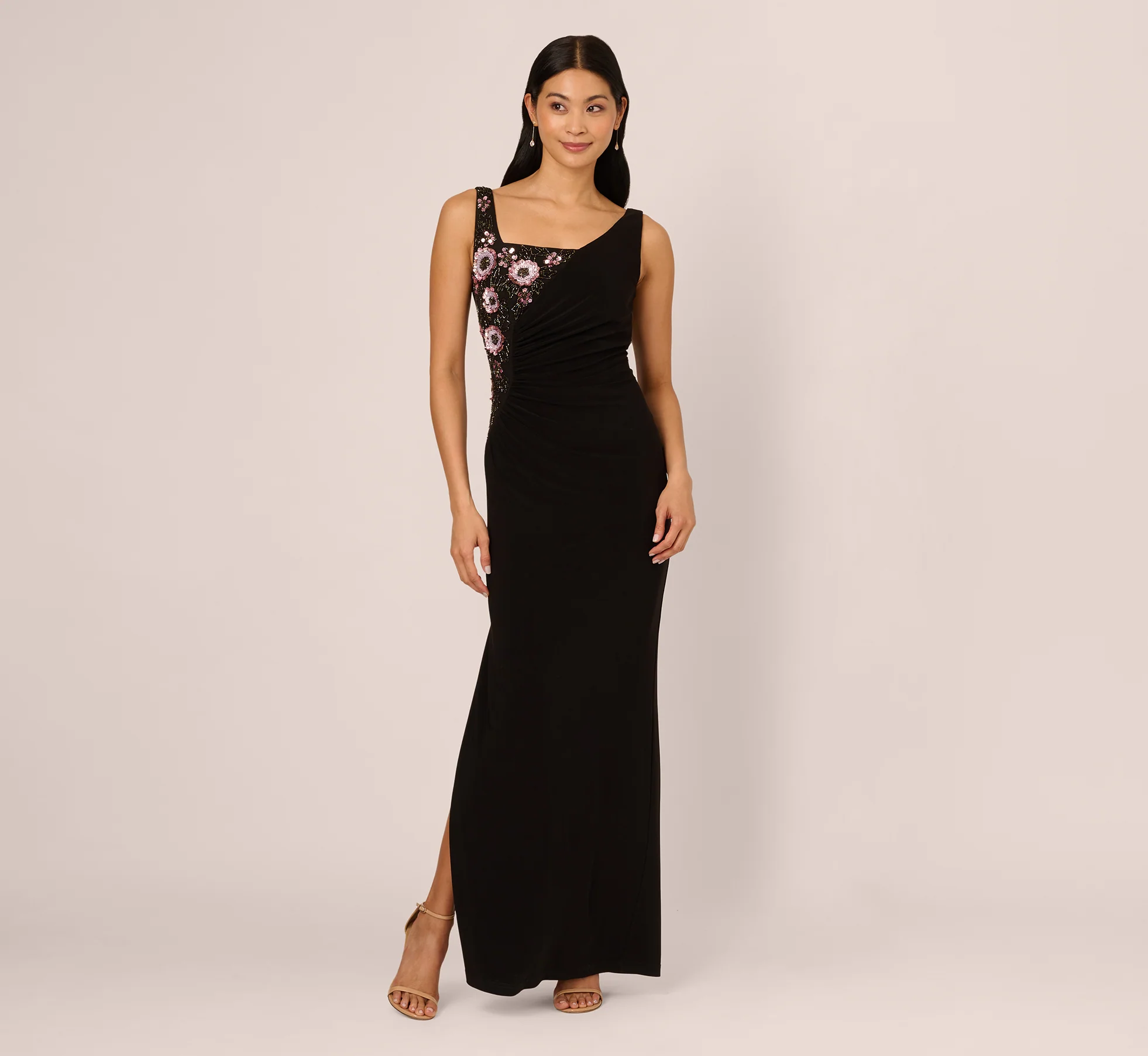 Sleeveless Asymmetrical Floral Beaded Jersey Gown In Black Multi - Image 2