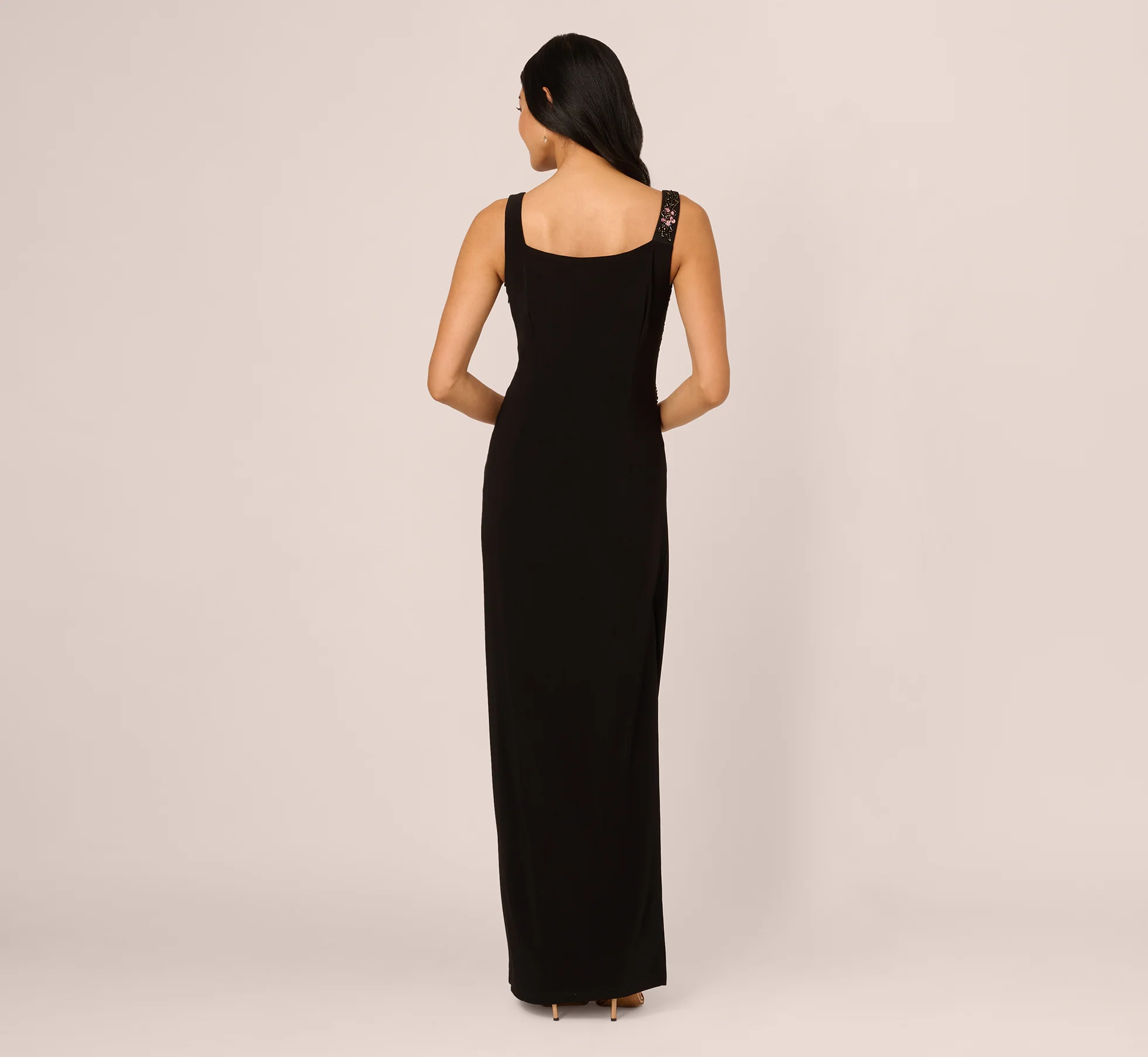 Sleeveless Asymmetrical Floral Beaded Jersey Gown In Black Multi - Image 5