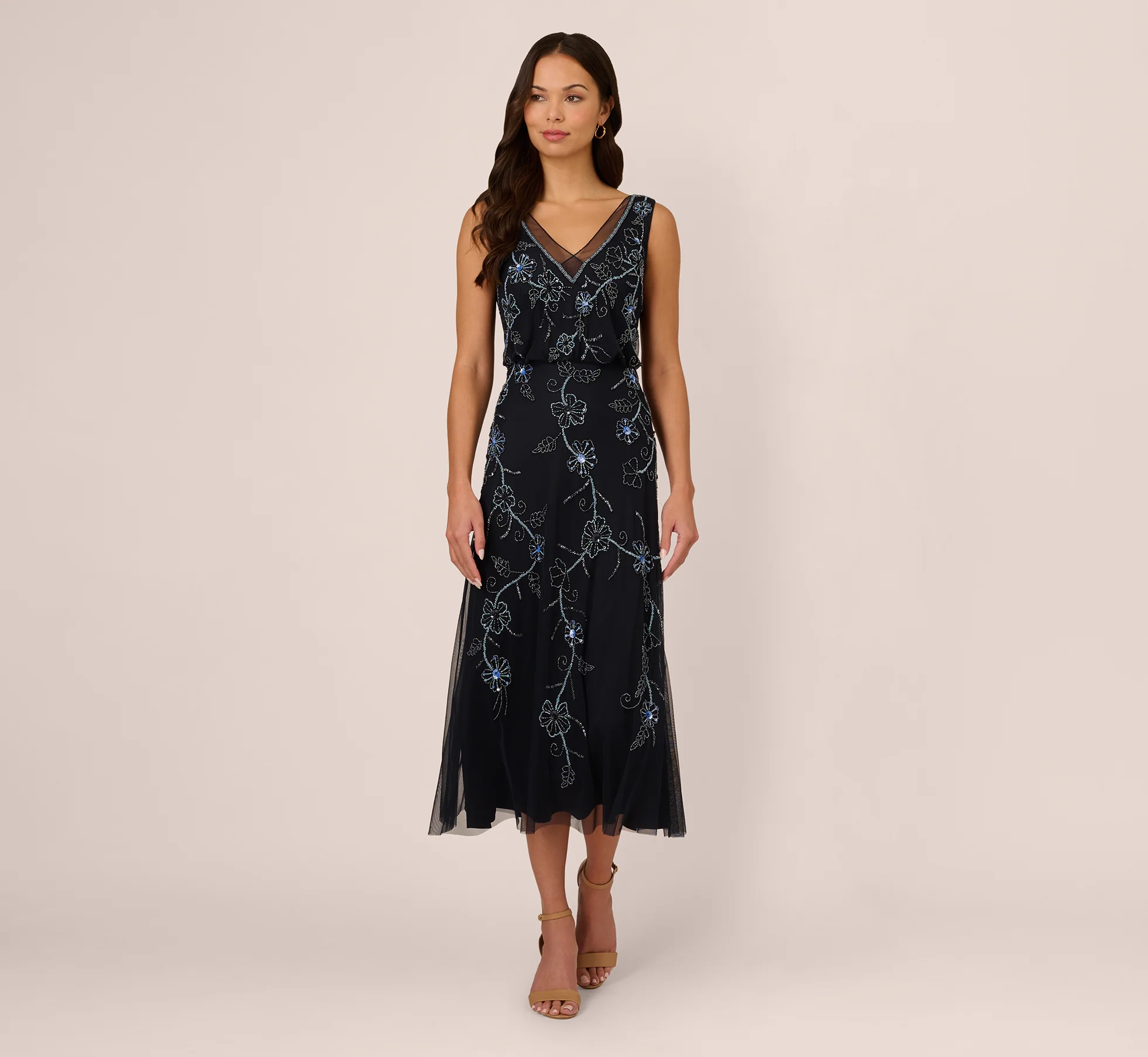 Sleeveless Beaded Blouson Midi Dress In Midnight Multi - Image 2