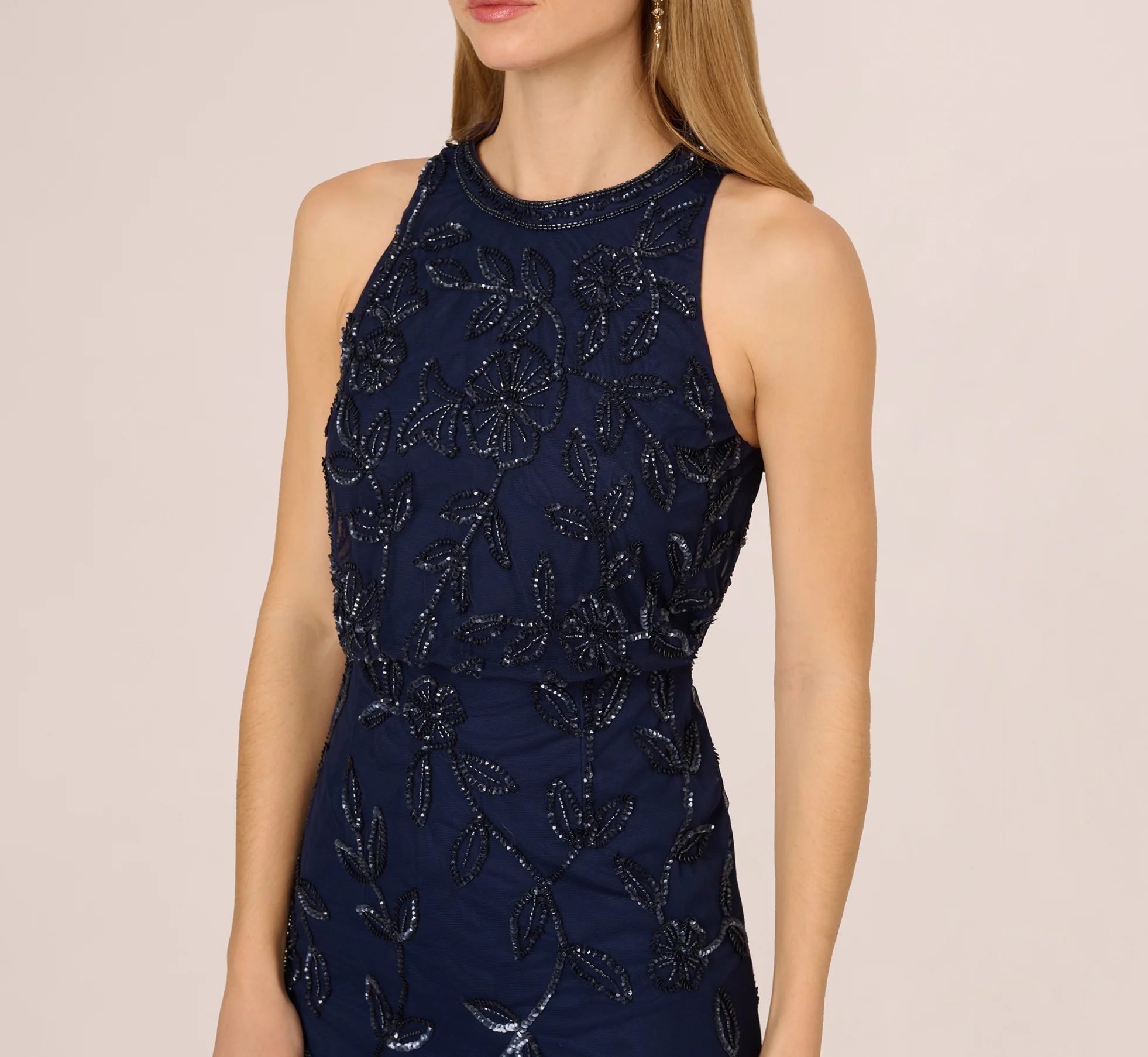 Sleeveless Blouson Mermaid Gown With Jasmine Beading In Light Navy - Image 3