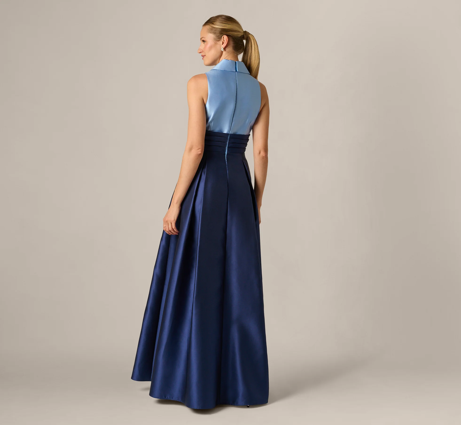 Sleeveless Color Block Tuxedo Ballgown In Icy Topaz Navy - Image 5