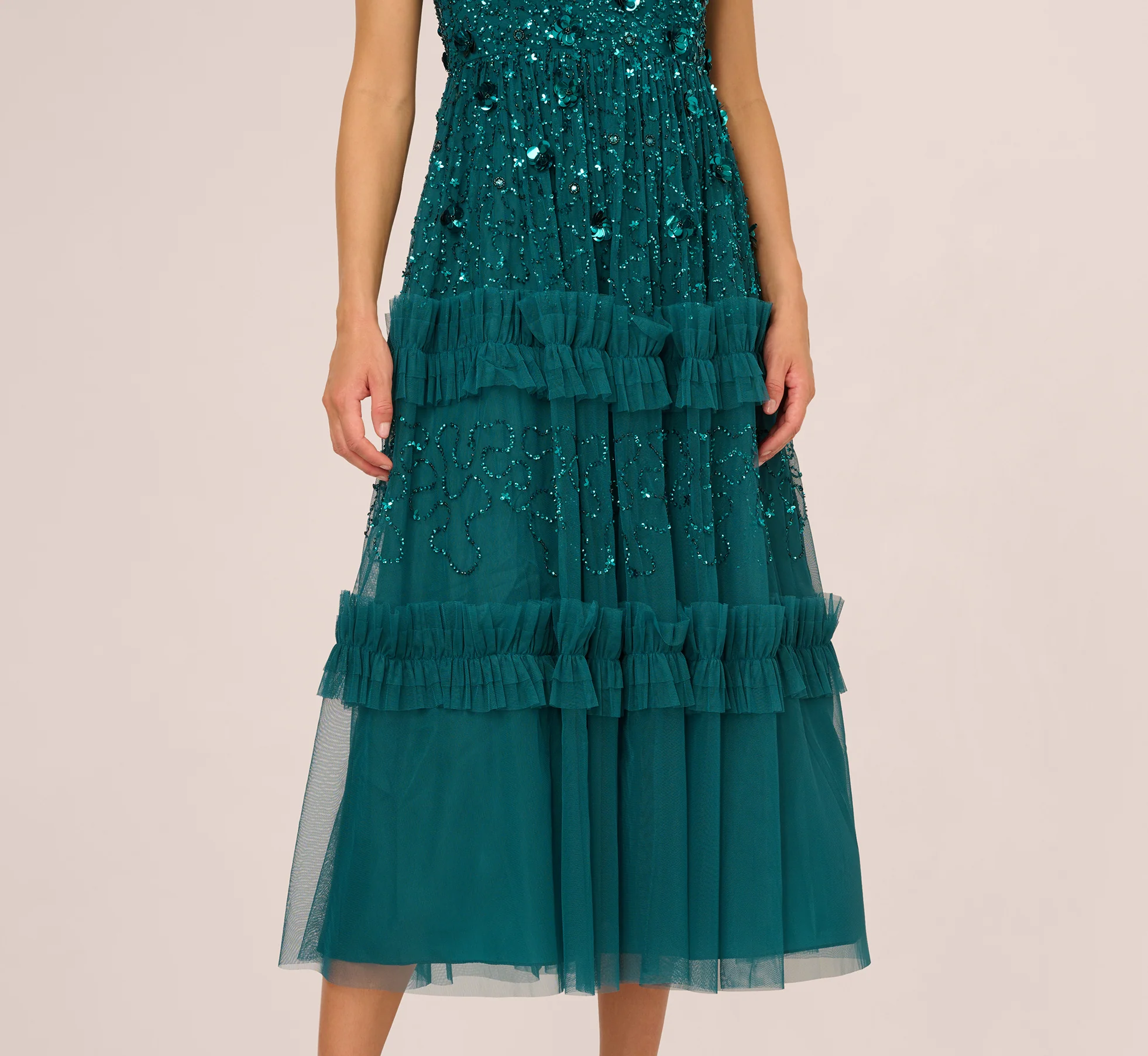 Sleeveless Floral Beaded Ruffle Midi Dress In Deep Azure - Image 5