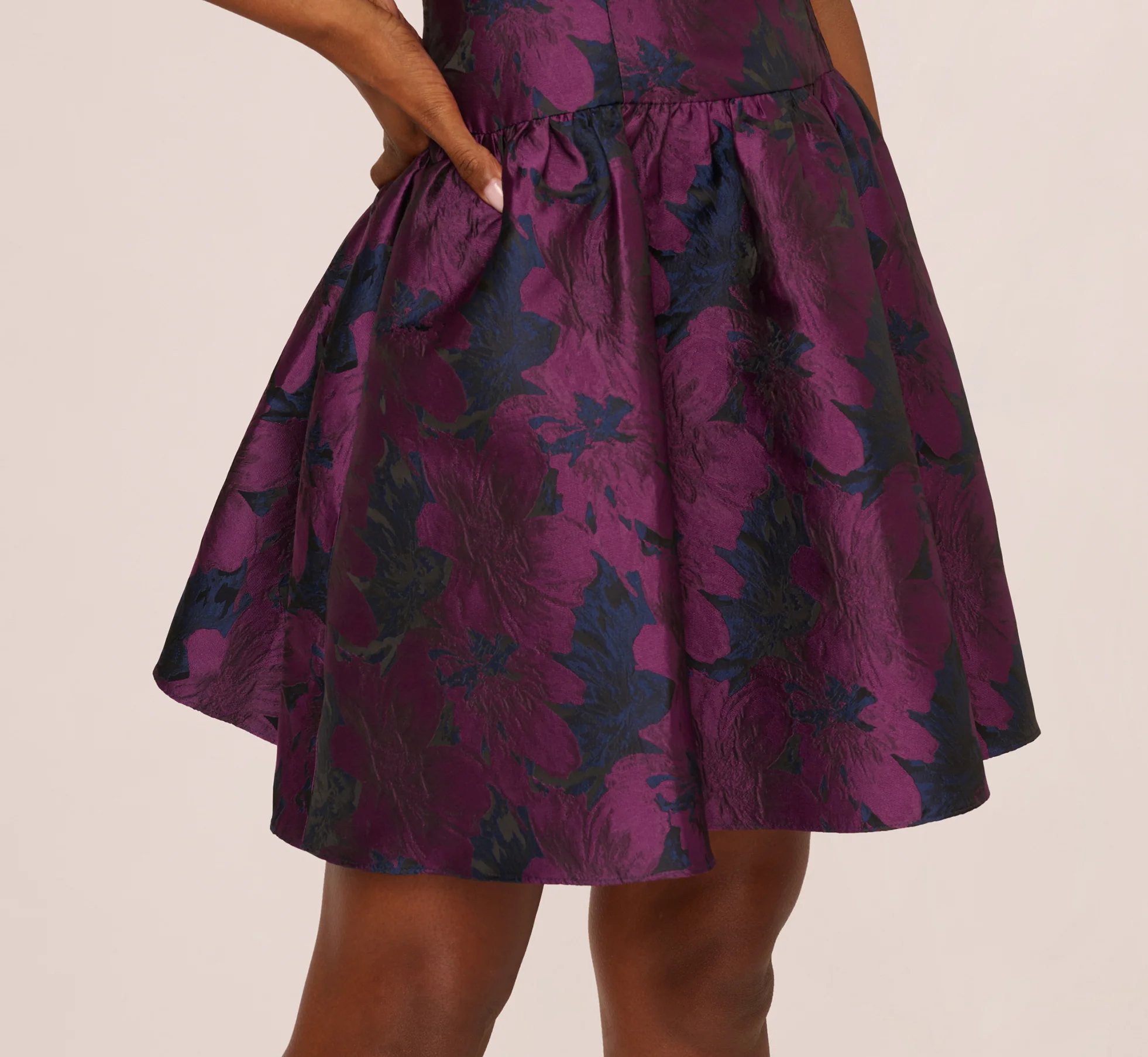 Sleeveless Floral Jacquard Drop Waist Short Dress In Navy Plum - Image 4