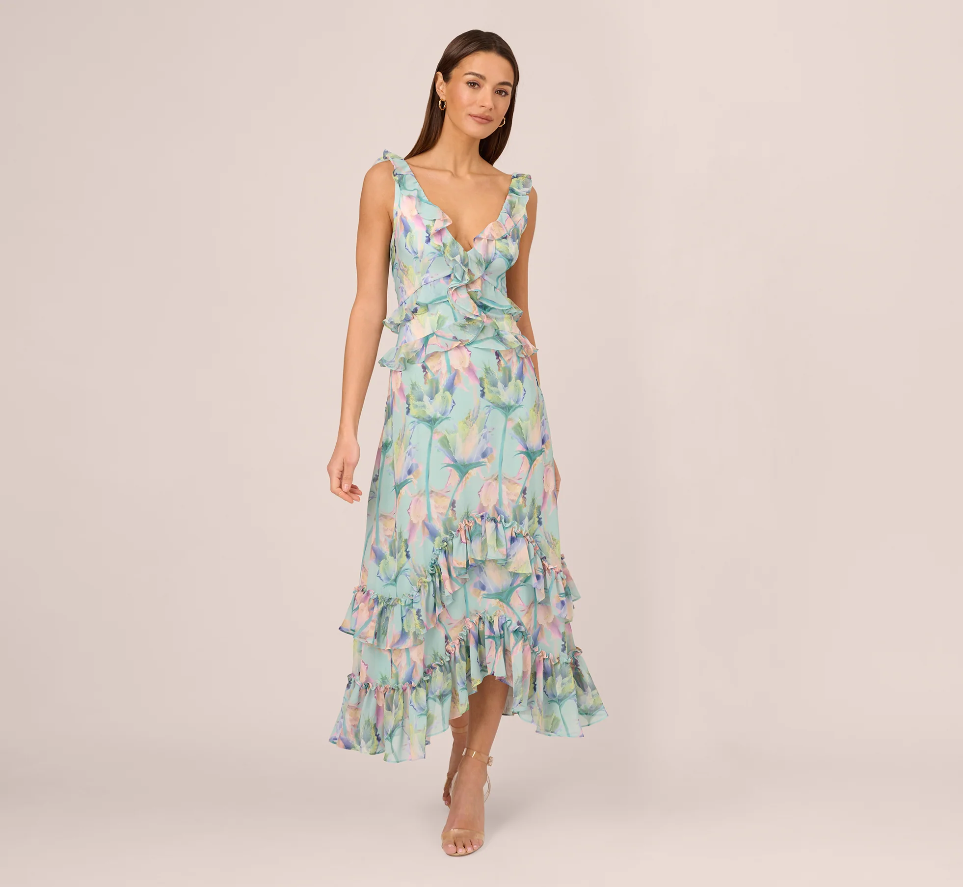 Sleeveless Floral Print High Low Maxi Dress With Ruffle Trim In Mint Multi - Image 2