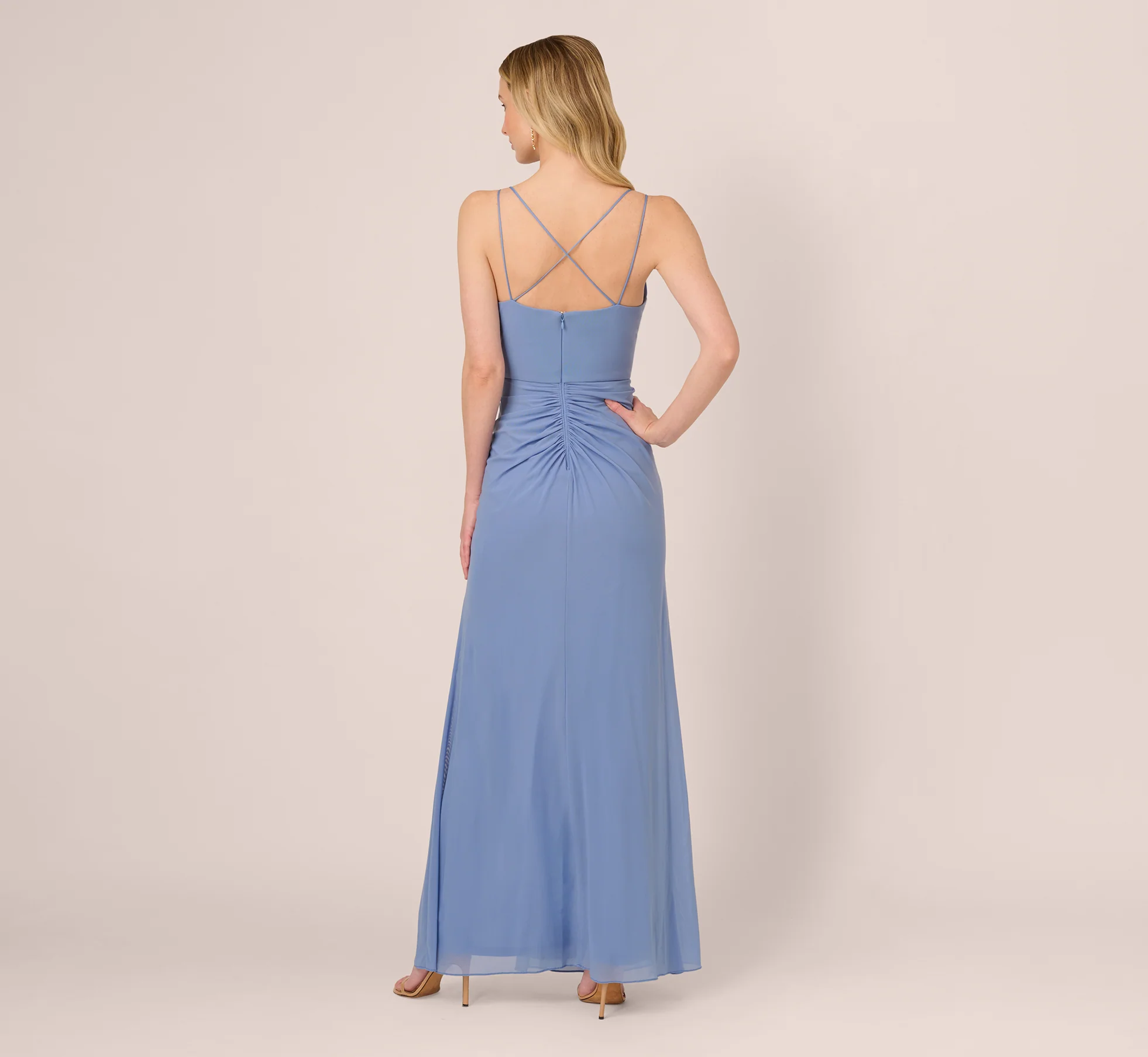 Sleeveless Mesh Gathered And Draped Gown In French Blue - Image 5