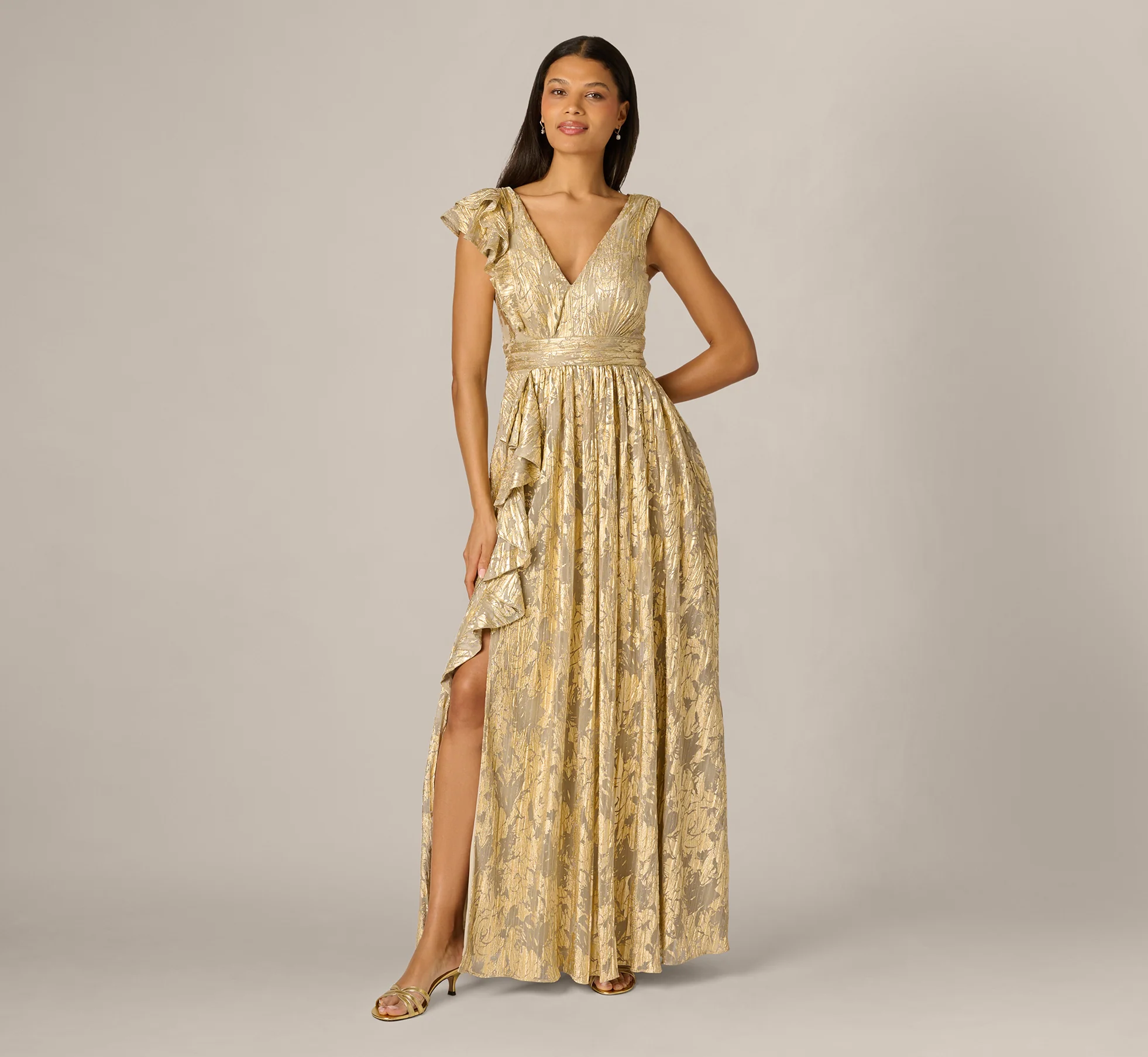 Sleeveless Metallic Crinkle Ruffle Gown In Champagne Gold - Image 2