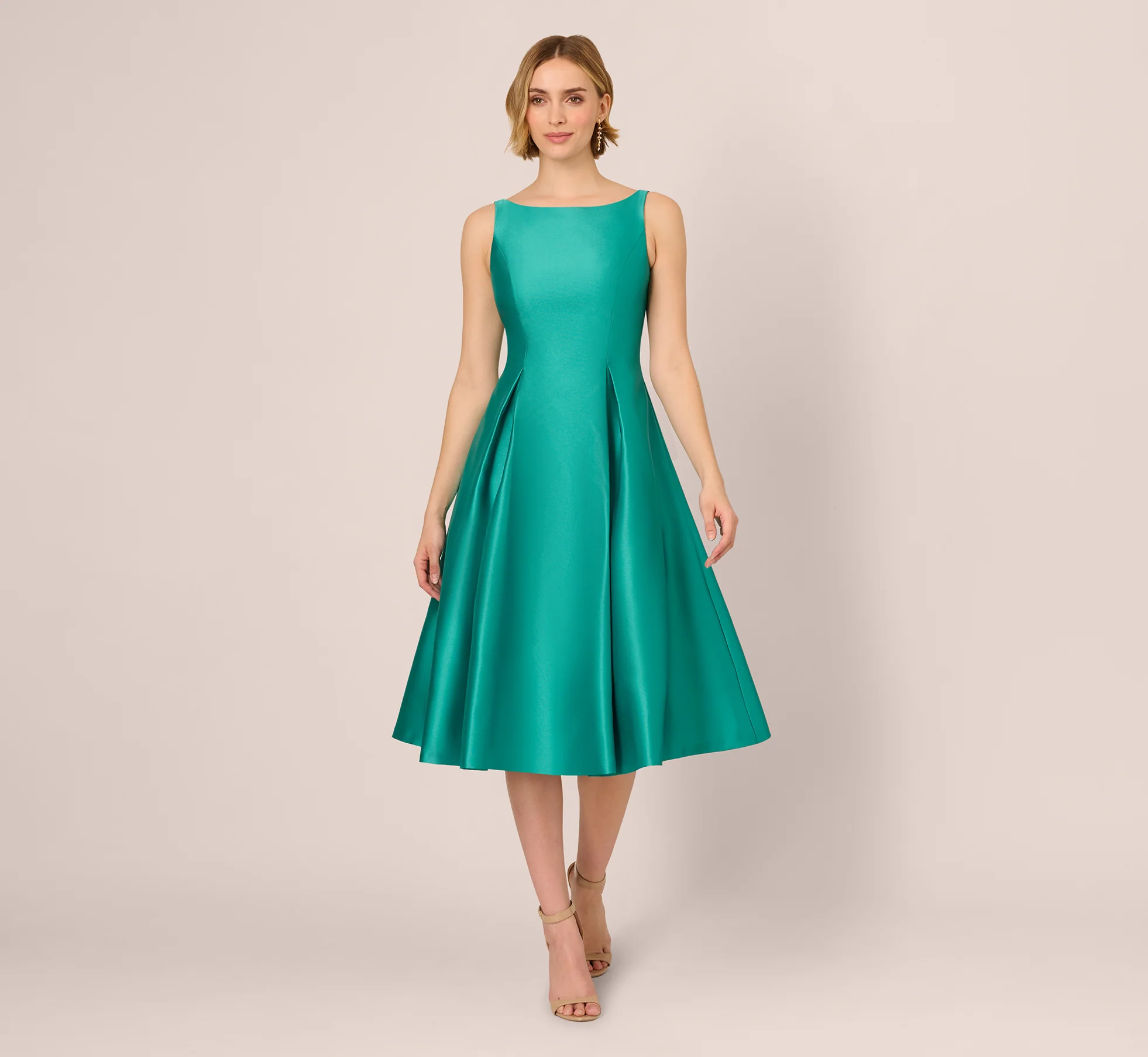 Sleeveless Mikado Fit And Flare Midi Dress With V-Back In Botanic Green - Image 2