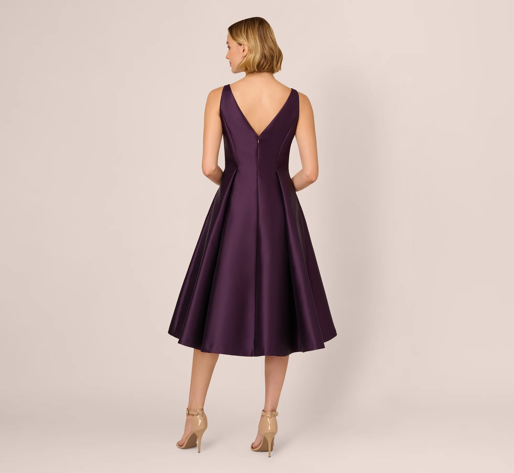 Sleeveless Mikado Fit And Flare Midi Dress With V-Back In Luxe Plum - Image 5