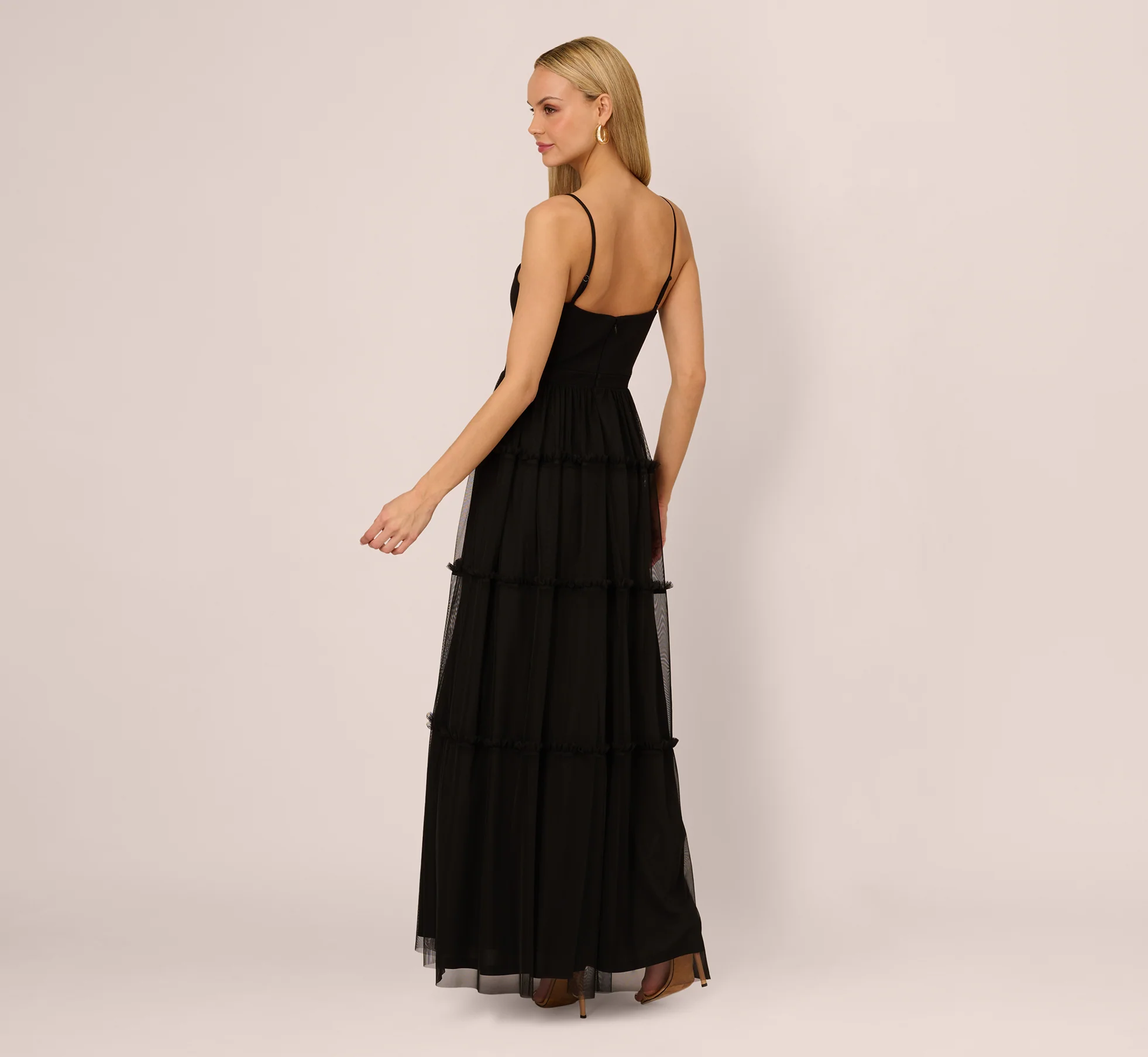 Sleeveless Notch Neck Tiered Mesh Gown In Black - Image 6