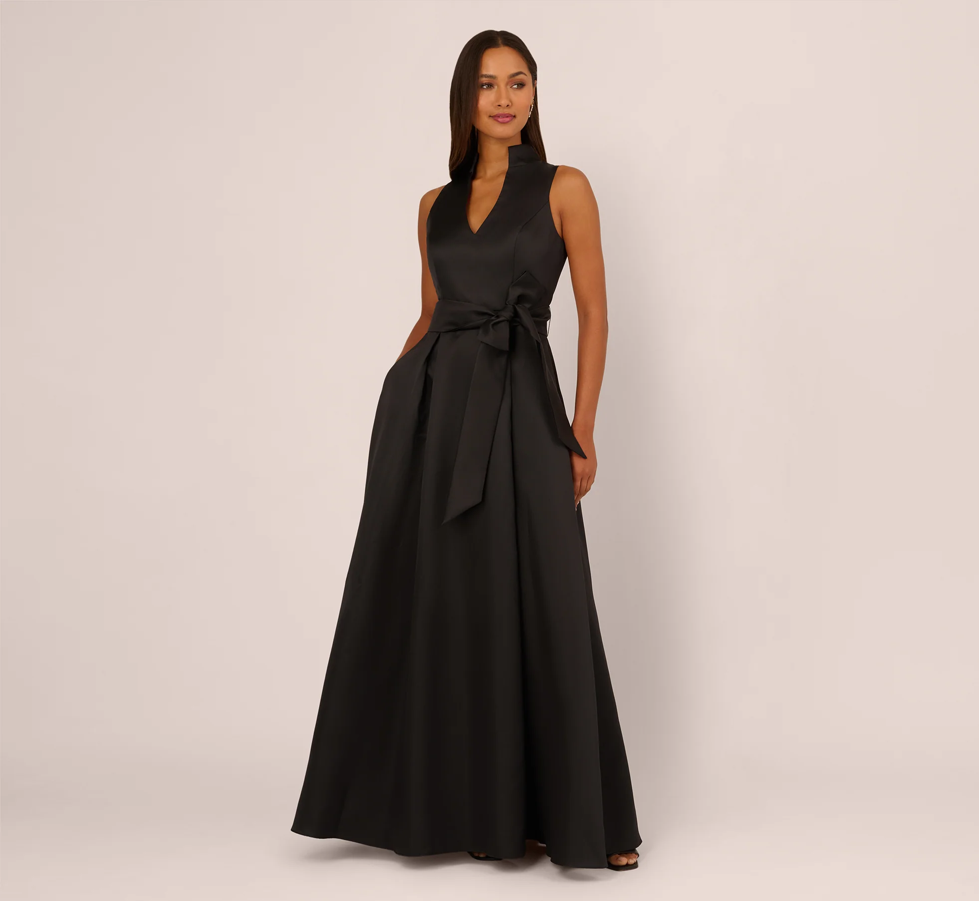 Sleeveless Queen Anne Tie Front Ballgown In Black - Image 2