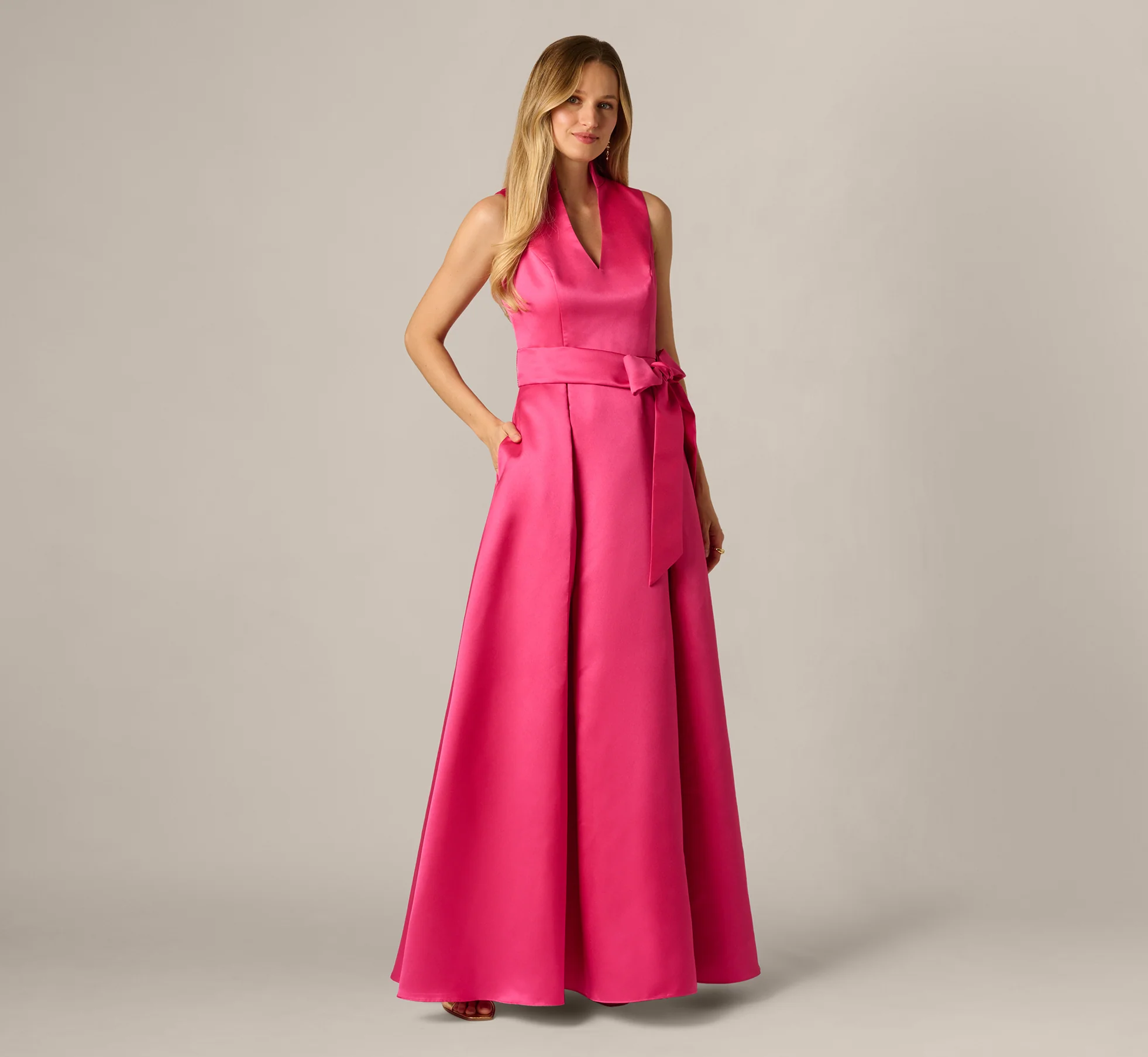 Sleeveless Queen Anne Tie Front Ballgown In Electric Pink - Image 2