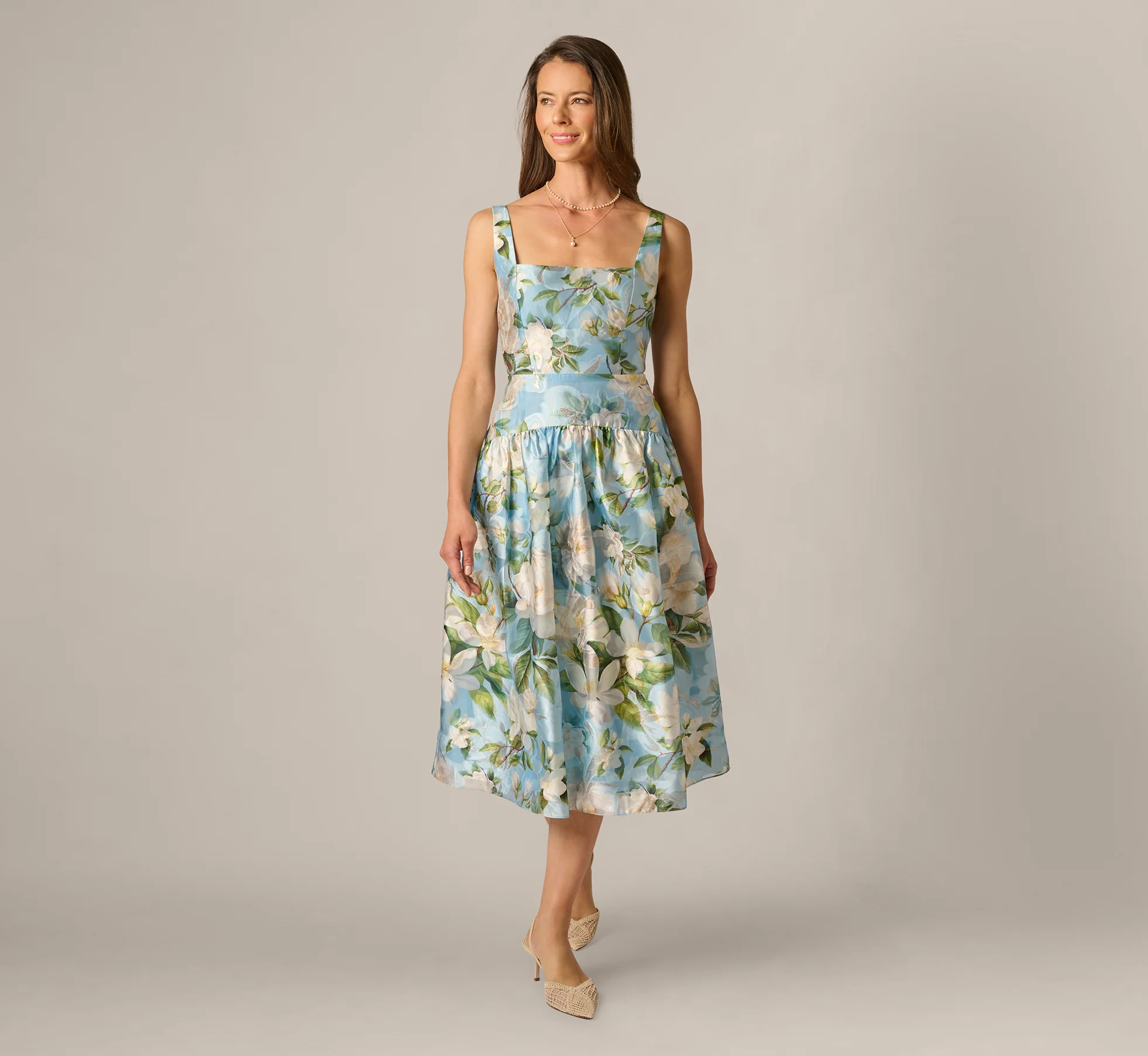 Square Neck Drop Waist Floral Jacquard Dress In Blue Multi - Image 3