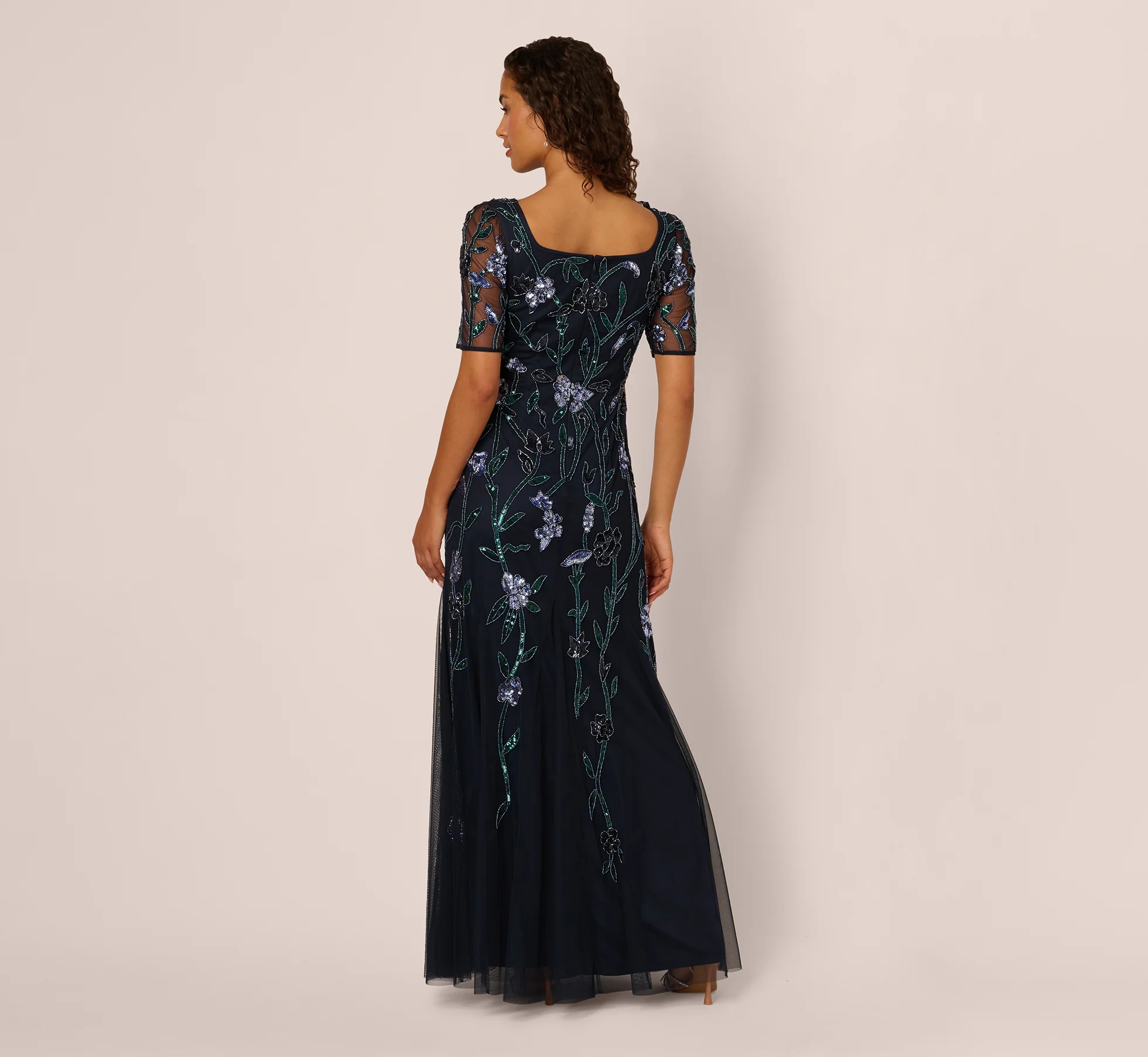 Square Neck Short Sleeve Beaded Godet Gown In Midnight Multi - Image 5