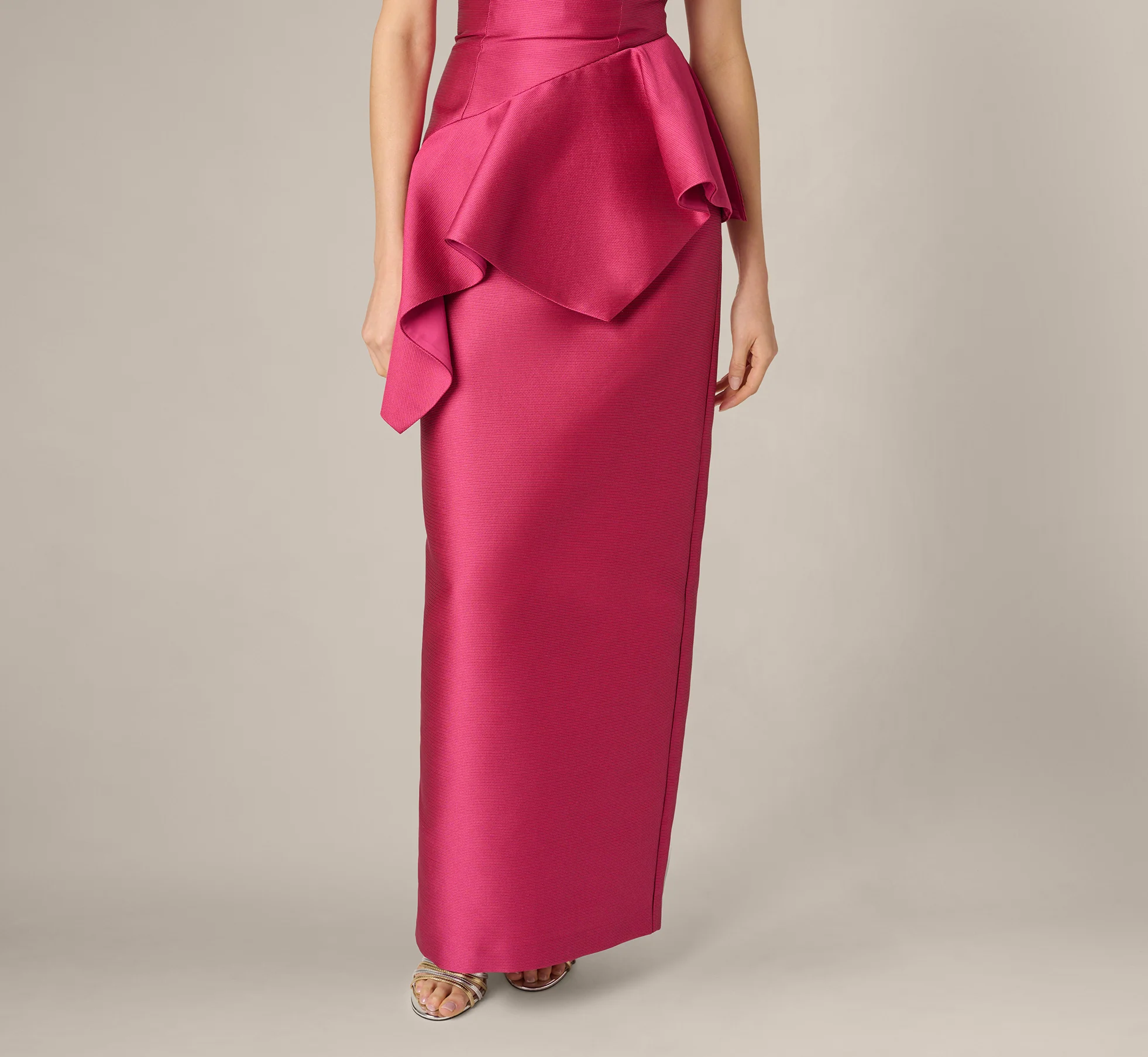 Strapless Asymmetrical Peplum Gown In Bright Rose - Image 3