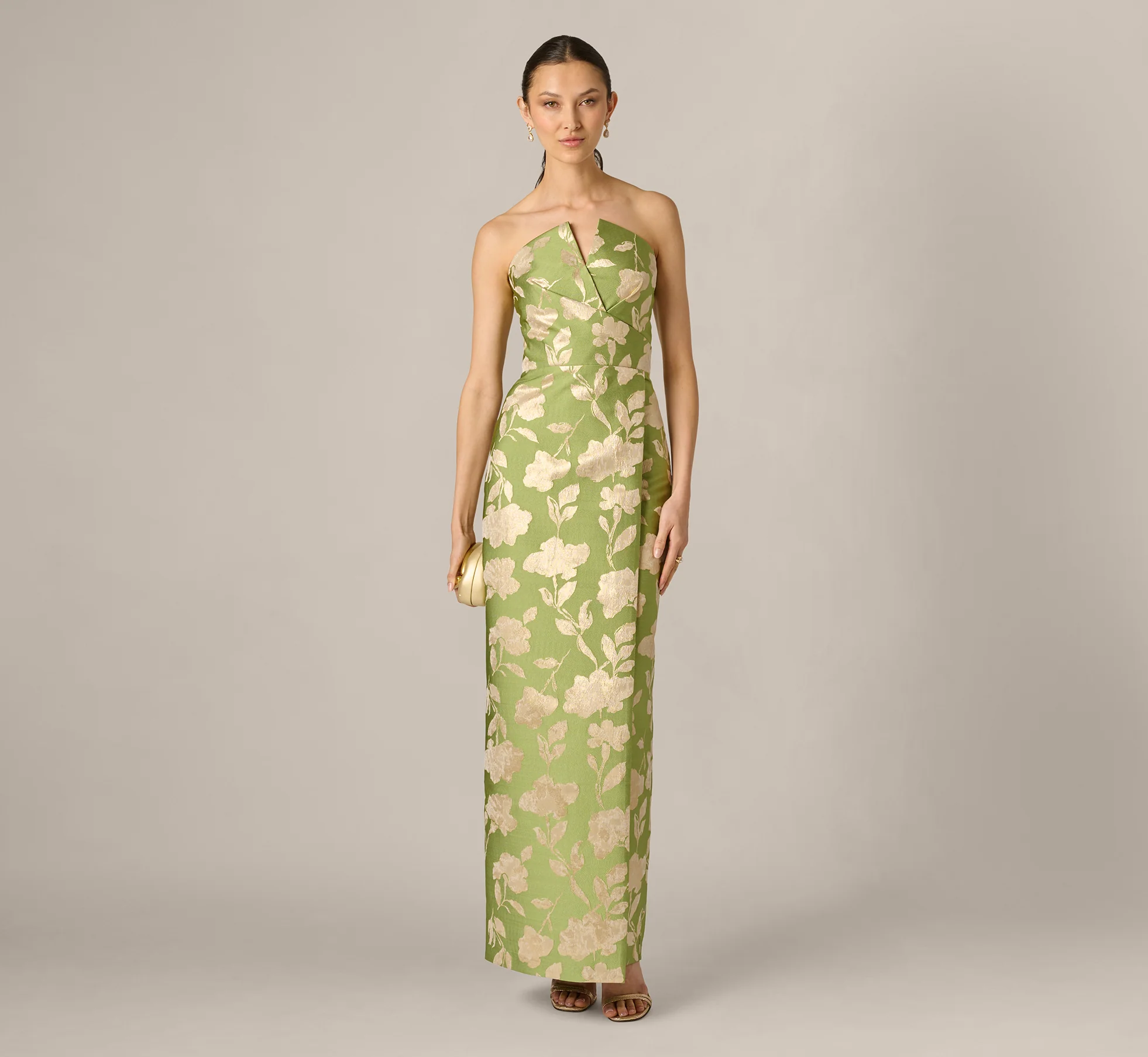 Strapless Draped Floral Jacquard Column Gown In Fern