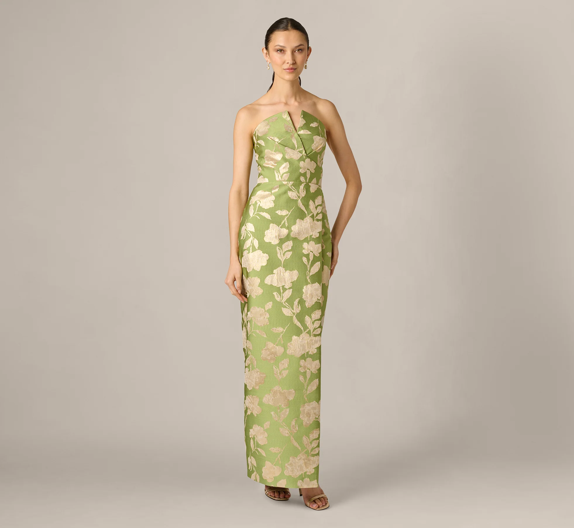 Strapless Draped Floral Jacquard Column Gown In Fern - Image 2