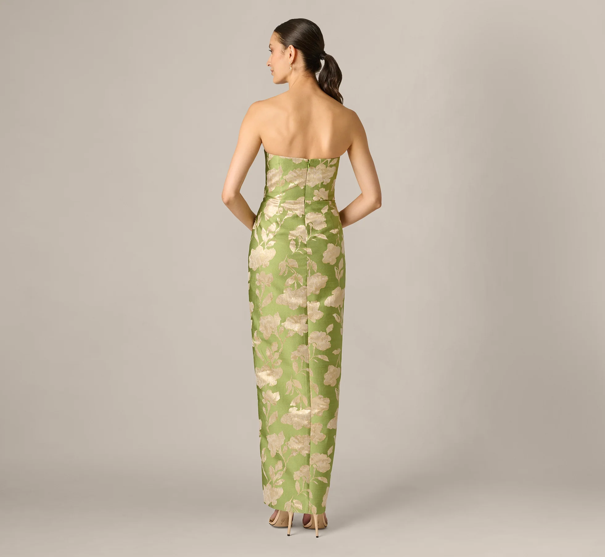 Strapless Draped Floral Jacquard Column Gown In Fern - Image 5