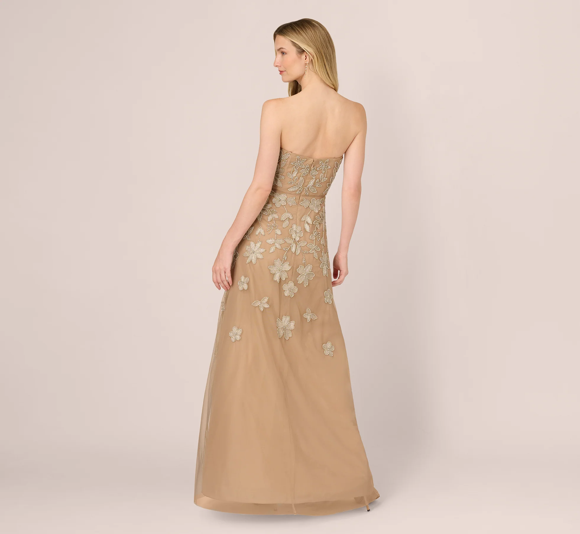Strapless Floral Beaded Embroidery Gown In Taupe Pink - Image 5
